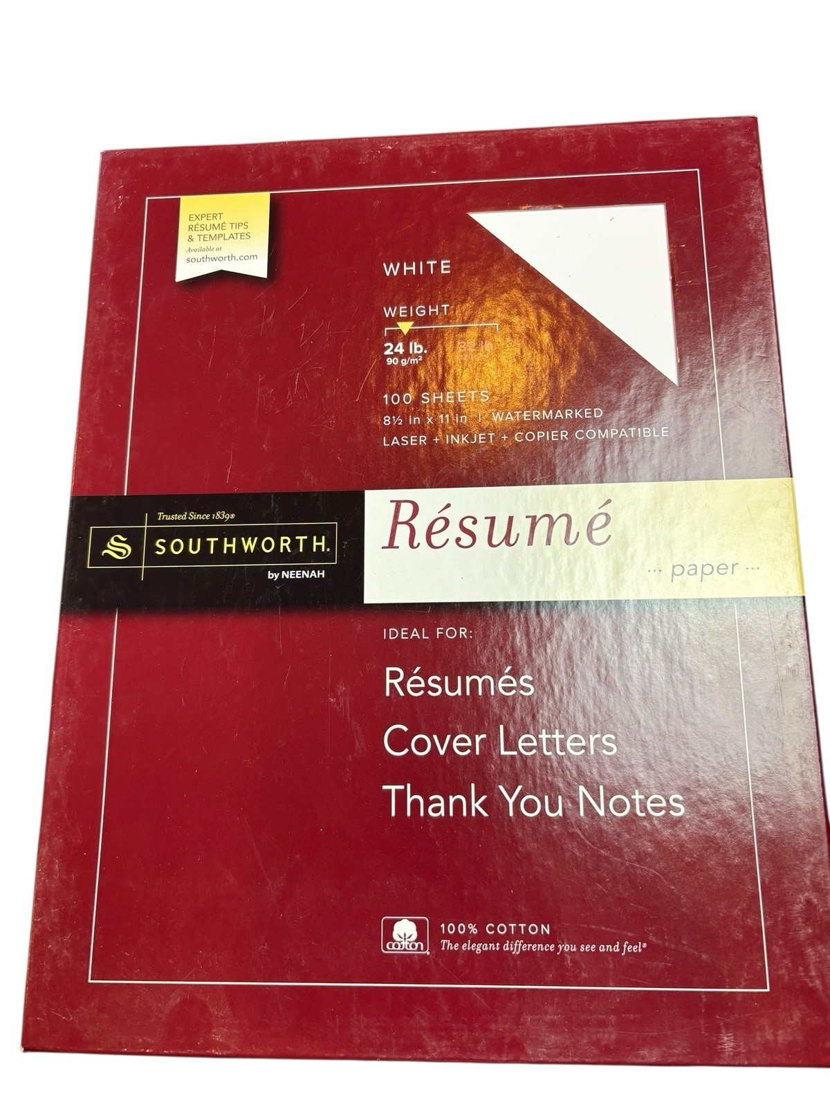 Southworth 100% Cotton 24 lb White Resumé Paper 8.5″ x 11″ Watermarked 90 Sheets