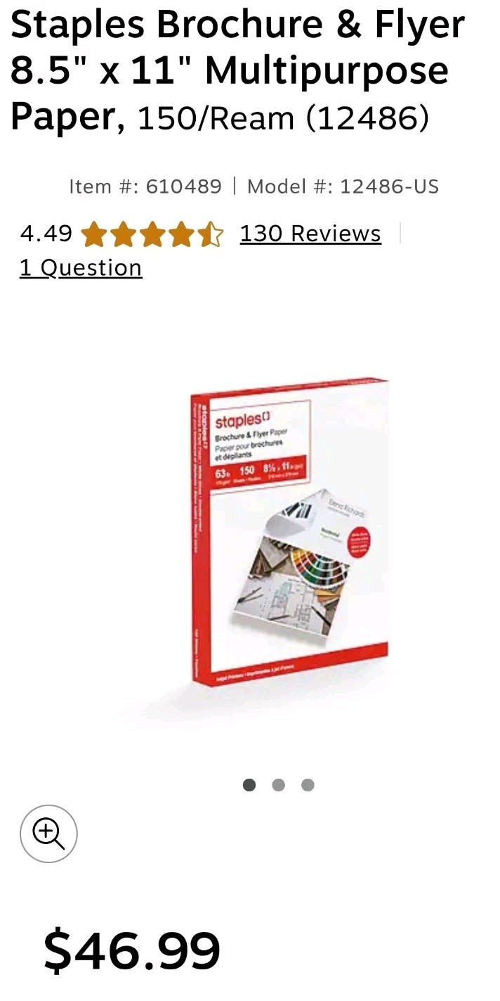 Staples Gloss White Brochure & Flyer Paper Double-sided 150 Qty 8.5×11″ Inkjet