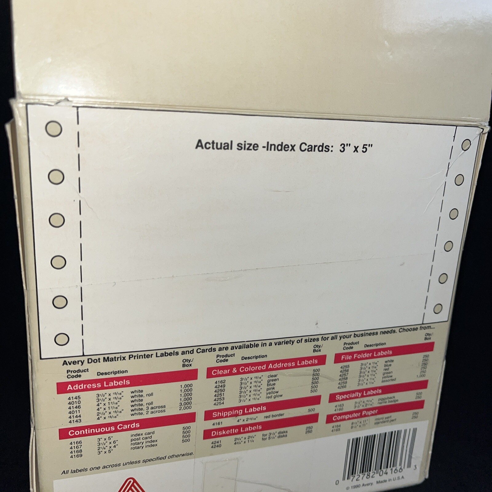 Avery Dot Matrix Printer Cards 4166 NIB 3″x5″ 500 Continuous Index Cards NOS