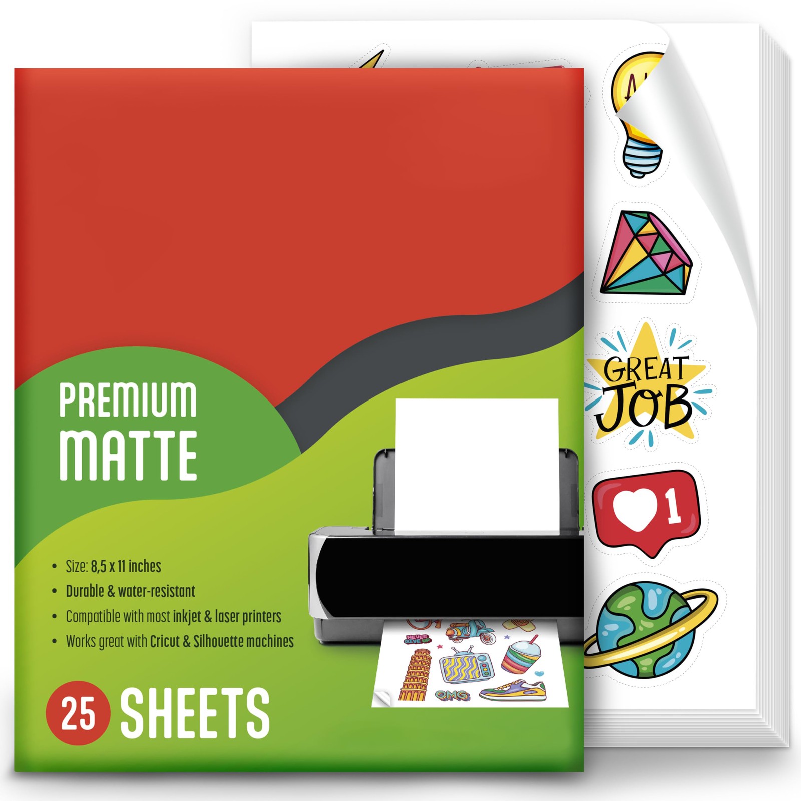 Quick Dry Vinyl Sticker Paper, 25 Sheets Matte White, Printer
