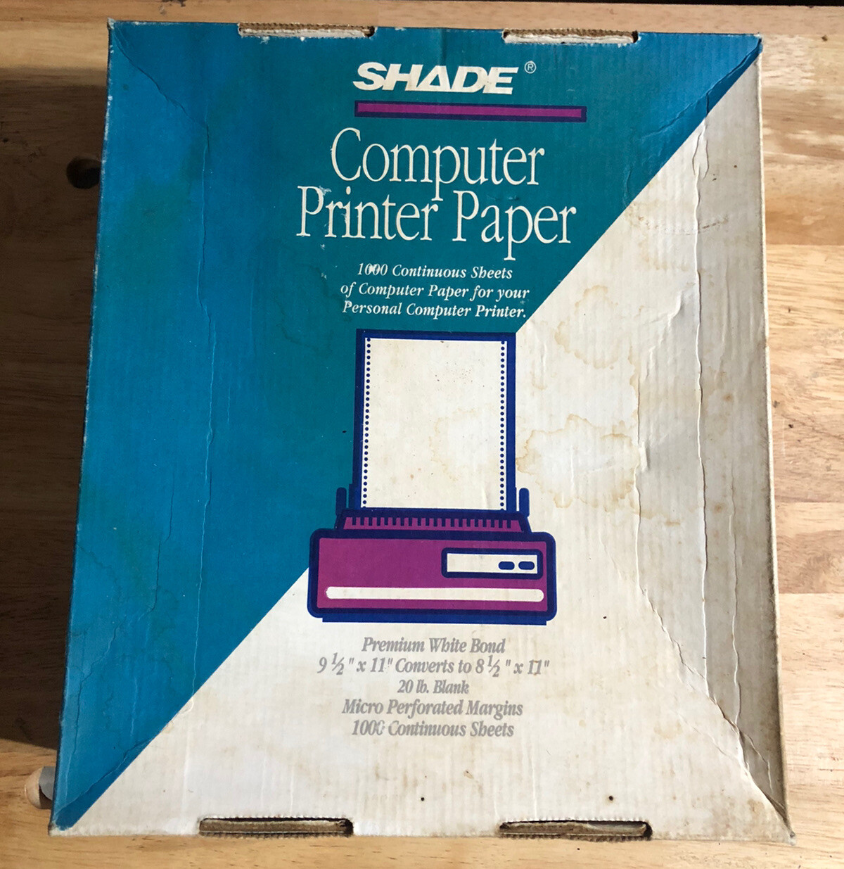 NOS BOX OF VINTAGE SHADE COMPUTER PRINTER PAPER – CONTINUOUS SHEETS