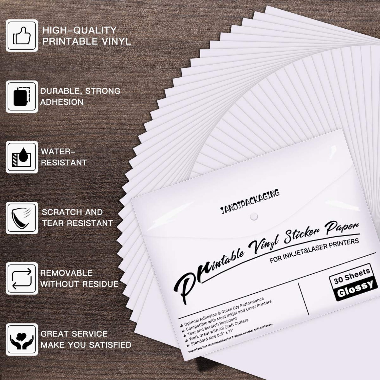 JANDJPACKAGING Printable Vinyl for Inkjet & Laser Printer – 30 Pack Printable…