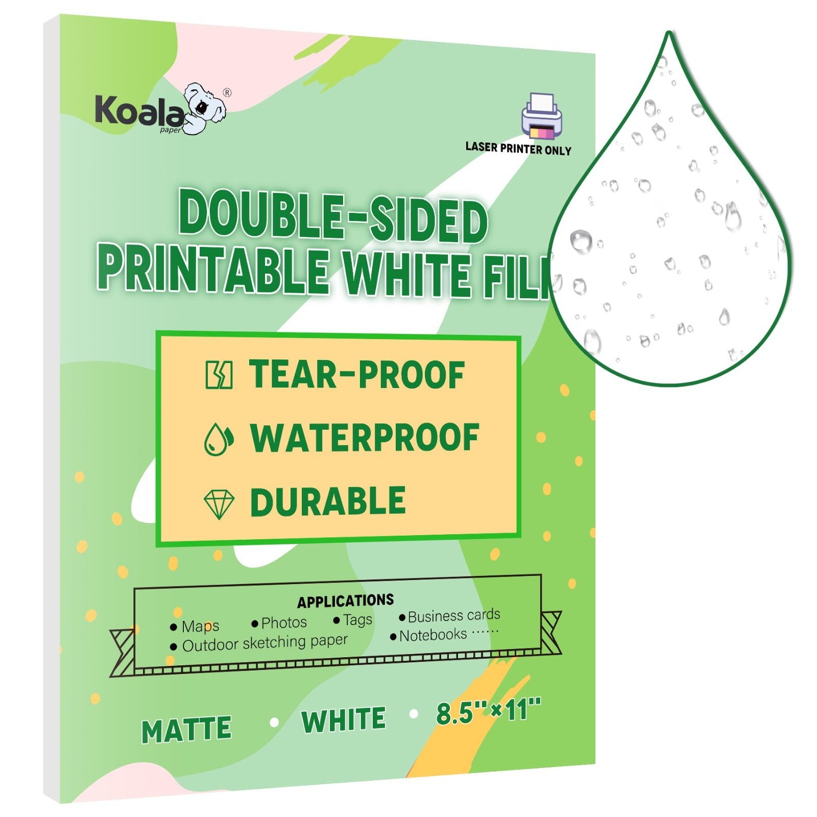 Waterproof Laser Printer Paper 8.5×11 – Tearproof Matte Double-Sided Film, 60 Sh