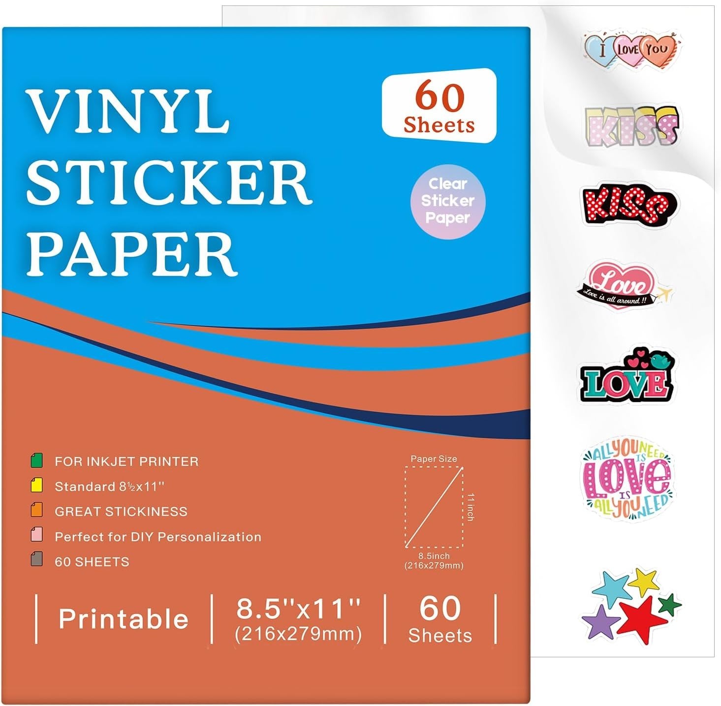 60 Sheets Printable Clear Vinyl Sticker Paper for Inkjet Printer, 8.5×11″ Tr…