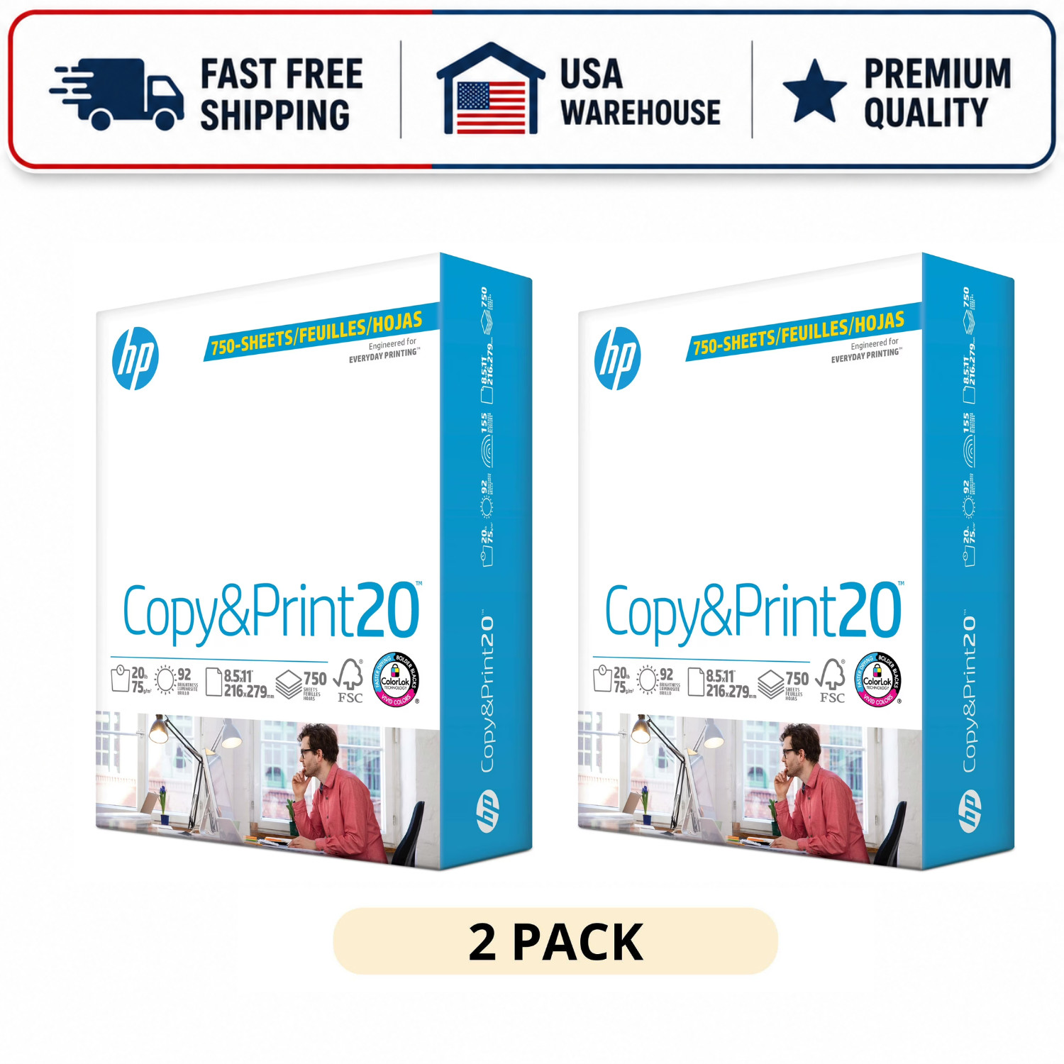 (2 Pack) HP Copy & Print Paper 20 lb, 8.5″ x 11″ White, 750 Sheets Per Ream