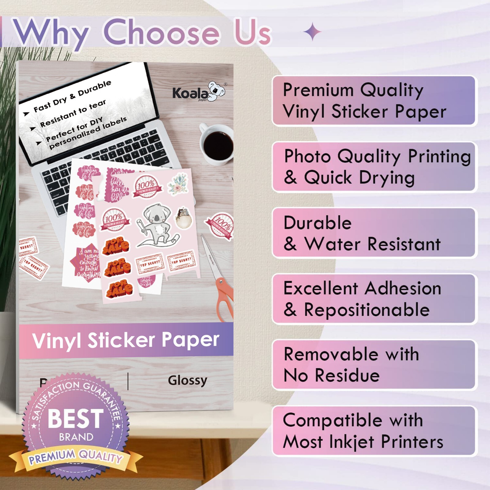 Koala Printable Vinyl Sticker Paper 8.5×14 Waterproof Glossy 60PK Inkjet Laser