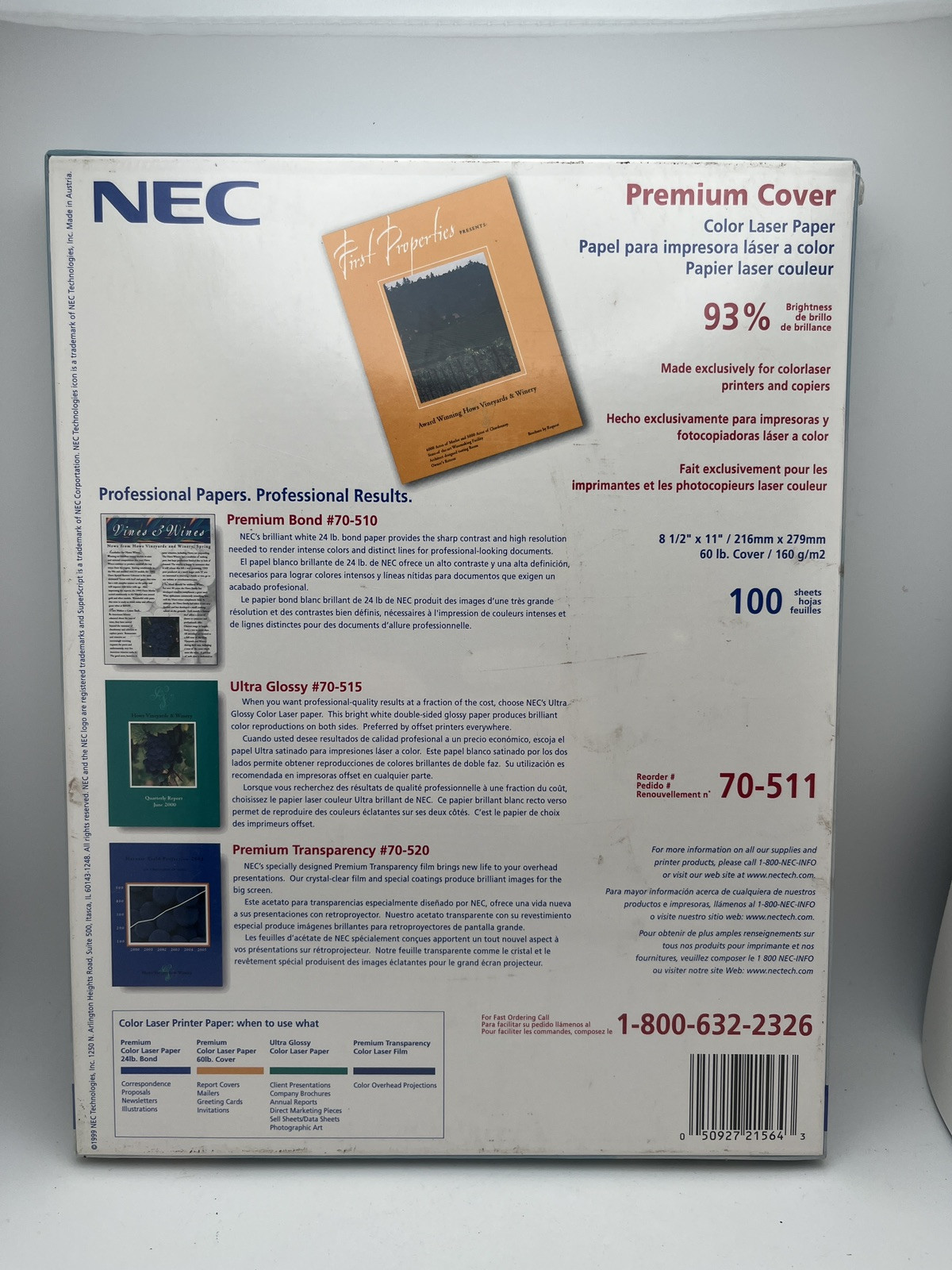 NEC Premium Cover Color Laser Paper # 70-511-8.5×11-100 Sheets