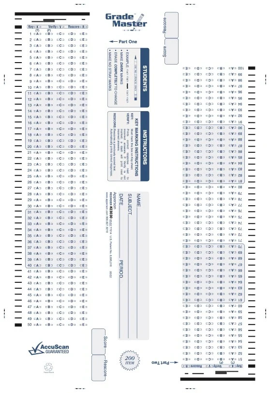 NEW Apperson 200Q Answer Sheet #23030 , GradeMaster/DataLink, Pack of 500 Sheets
