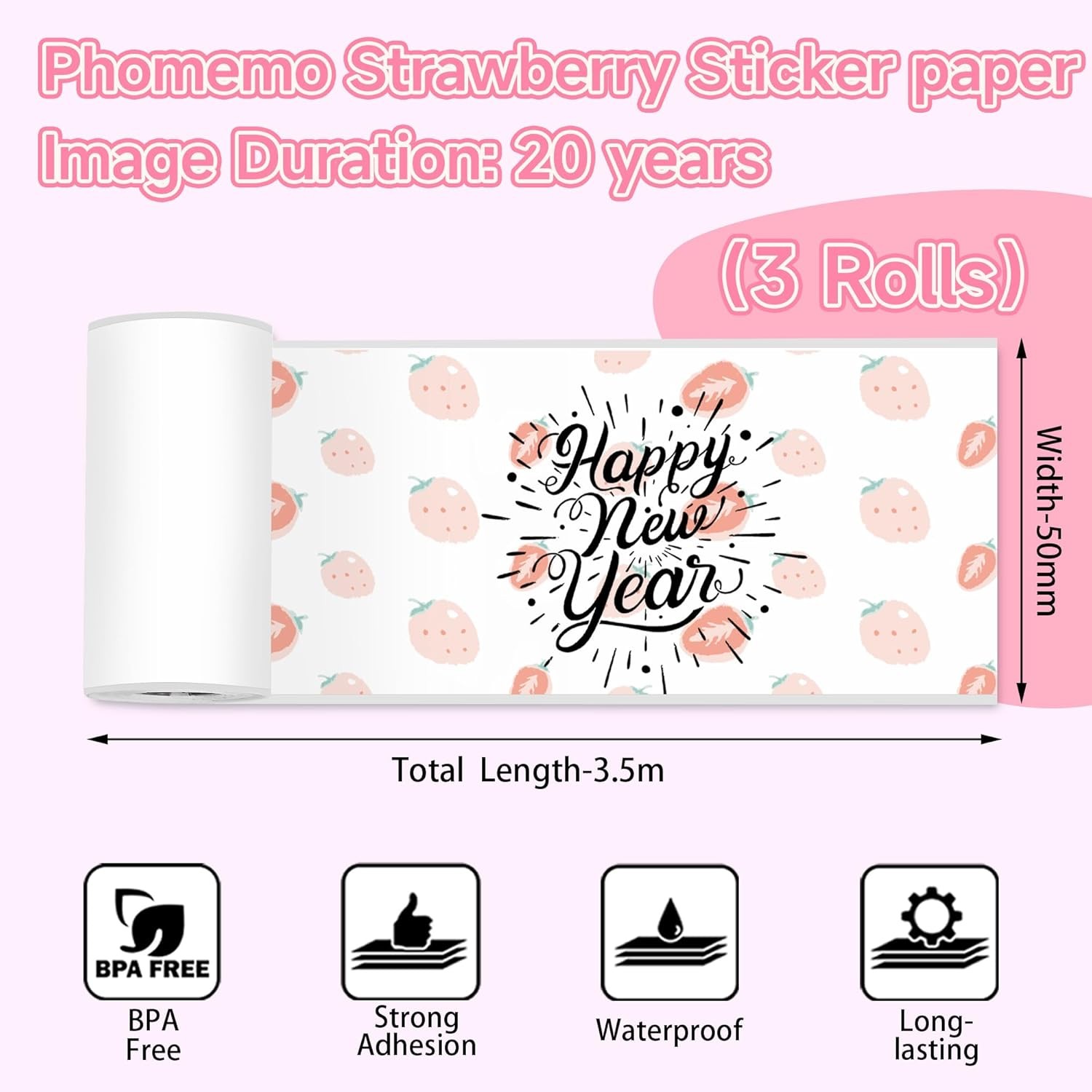 T02 Mini Thermal Printer Paper, 20Yr Black on Milk Strawberry 5 Rolls