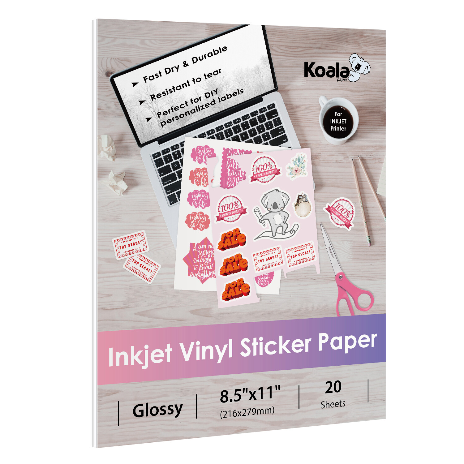 Koala Printable Vinyl Sticker Paper Waterproof Glossy White 8.5X11 Inkjet Laser
