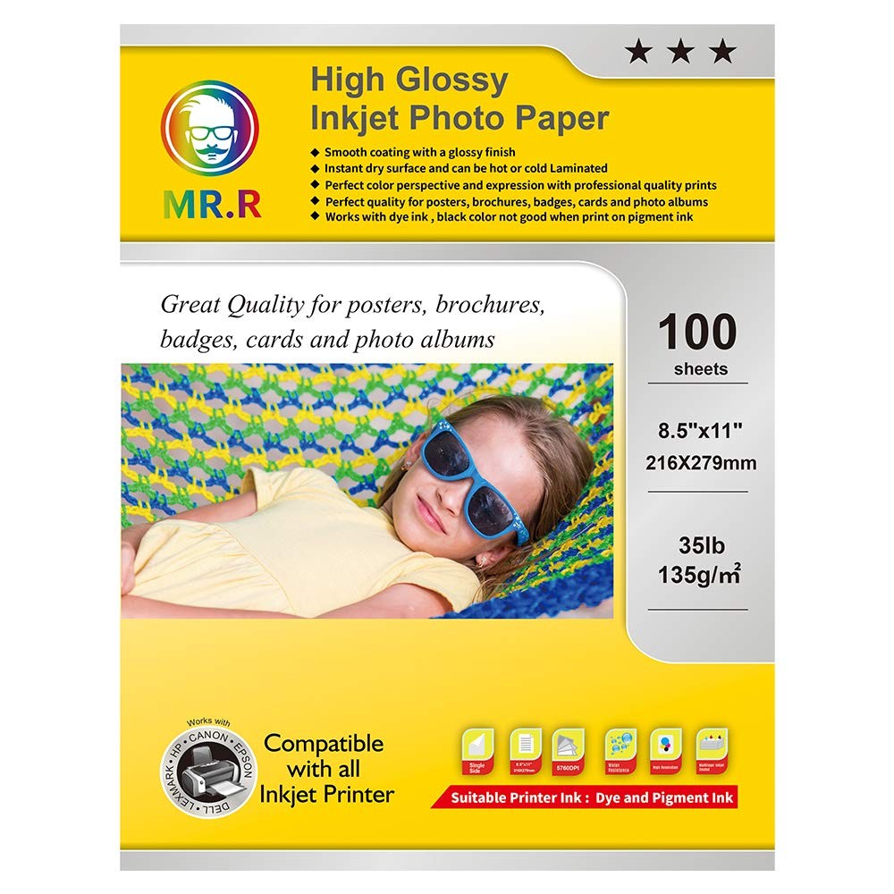 Single Sided High Glossy Inkjet Photo Printer Paper 135gsm 8.5×11 In 100 Sheets