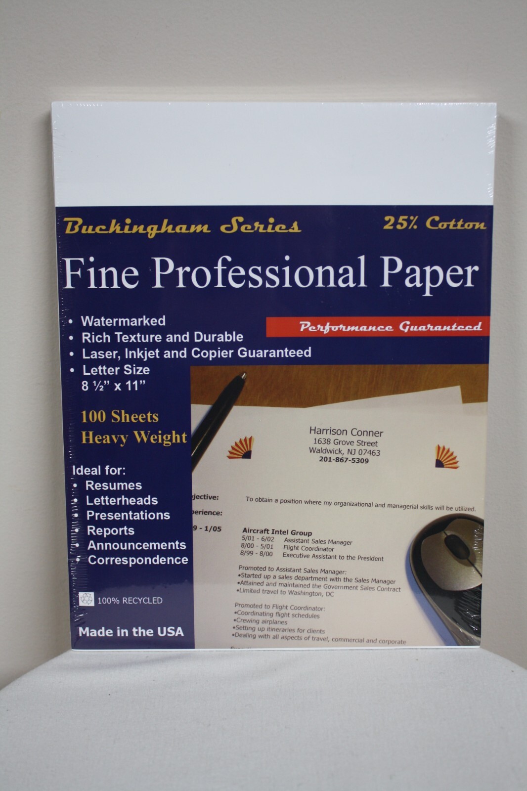 Buckingham Series White Fine Professional Resume Paper 25% Cotton 100 Sheets