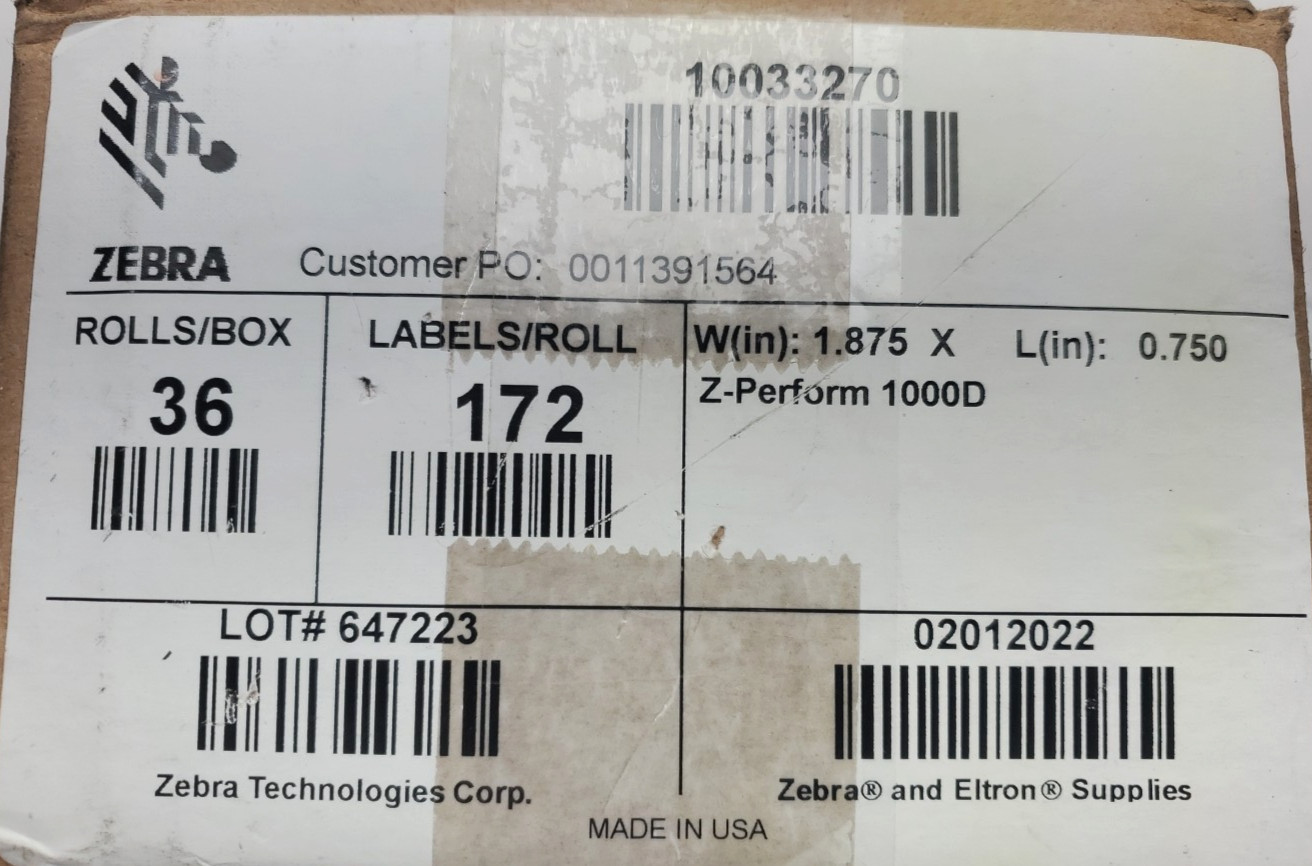 case of 36 Zebra 10033270 Thermal Labels, 1.875″ x 0.75″ – 172 Labels/Roll – Z-P