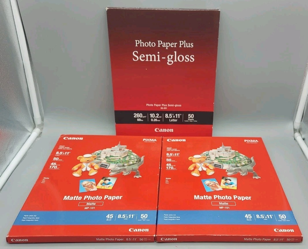 Canon Photo Paper Plus Semi-gloss SG-201 Inkjet Paper 8.5×11″& 2x MP-101 Matte