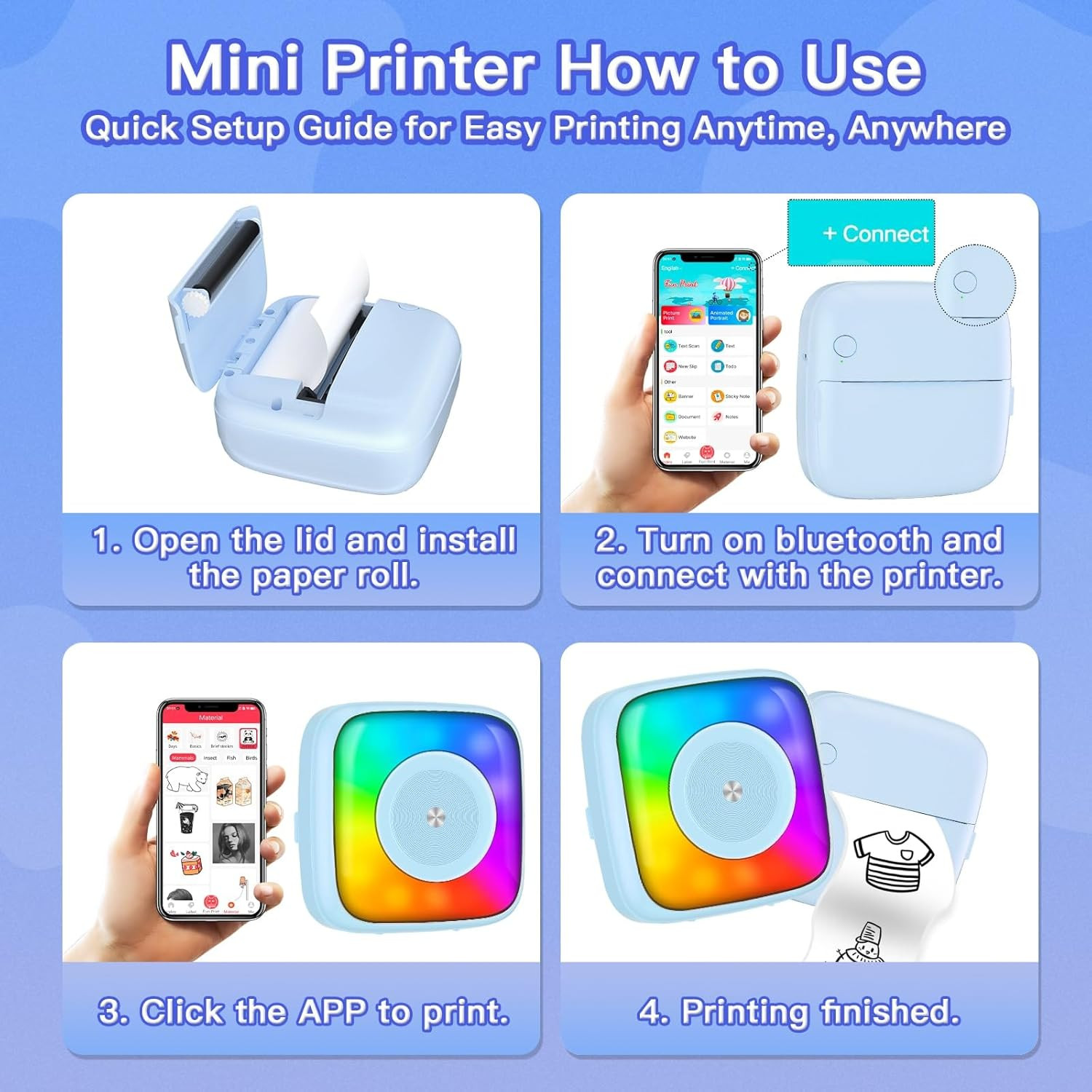 Lebt Sticker Printer Print Pod with 6 Rolls Sticker Paper, Seven Color Lighting
