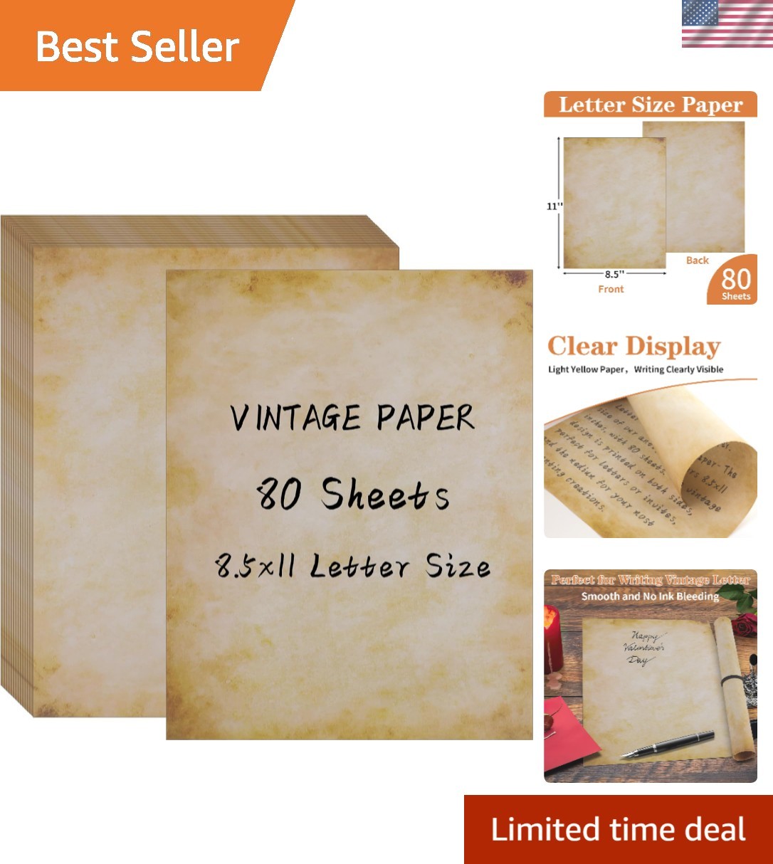 Authentic Antique Paper Set: 80 Sheets of 8.5″ x 11″ Vintage Writing Perfection