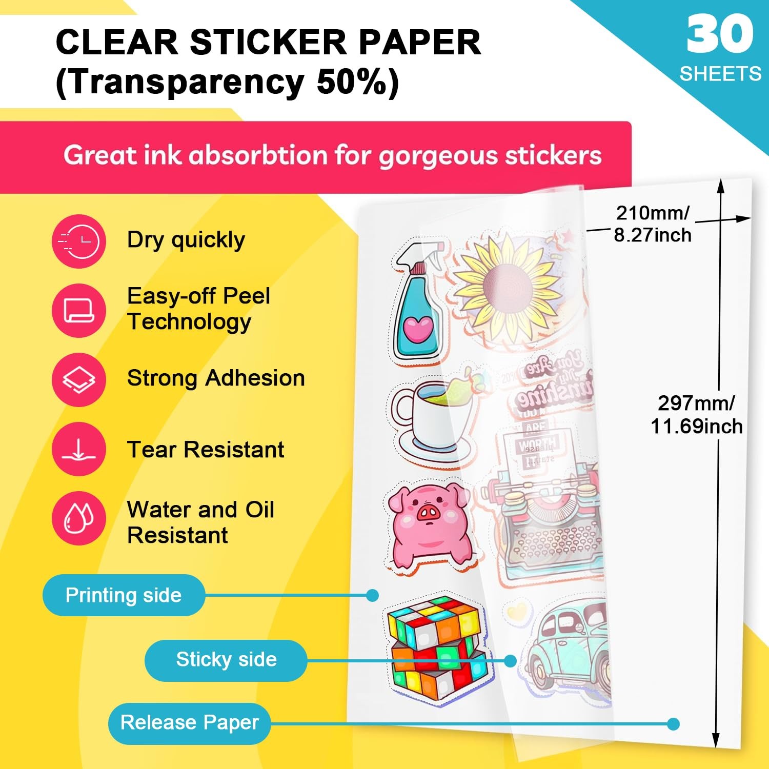 Sticker paper paper for printing 30pcs A4 waterproof printable adhesive film…