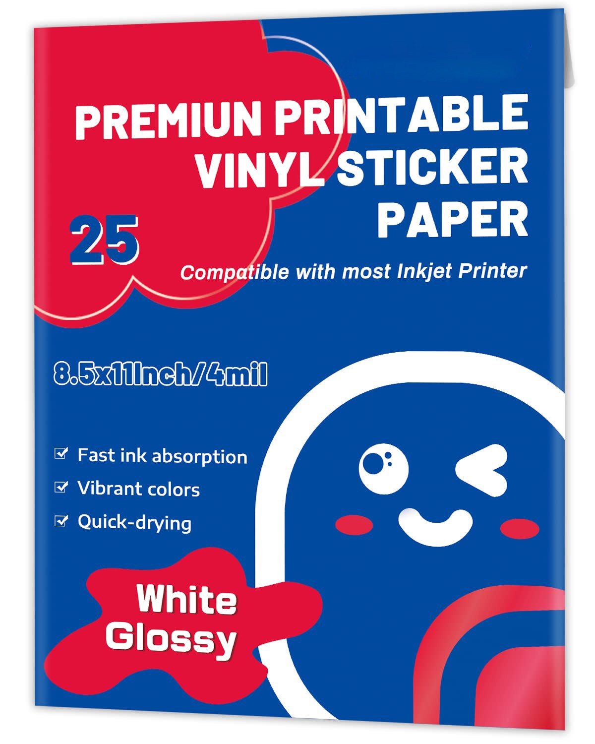 Vinyl Sticker Paper, Glossy Printable Decals, Inkjet Printer, 8.5×11 In, White