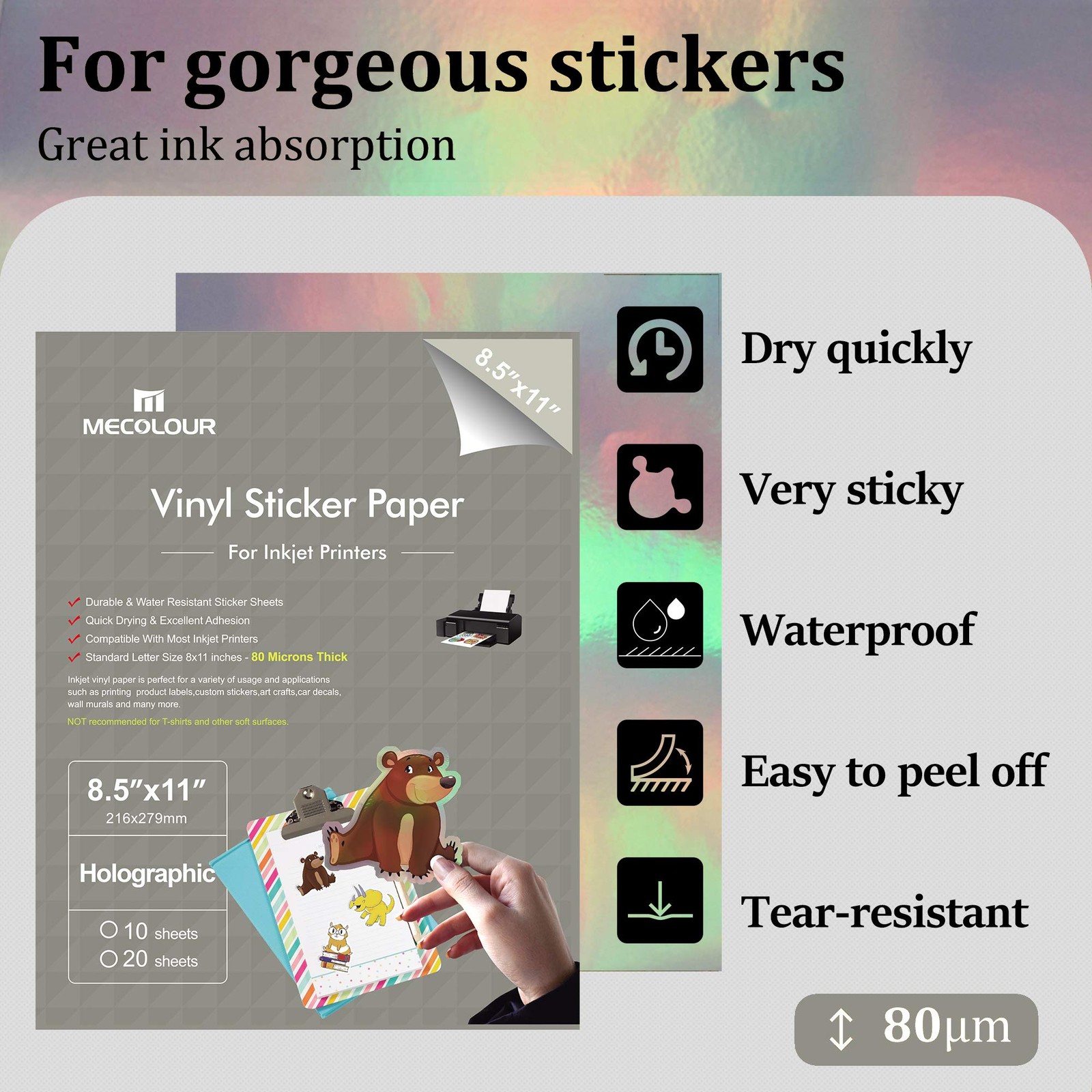 Holographic Sticker Paper 8.5” 11” Printable Premium Rainbow Vinyl, Waterpr…