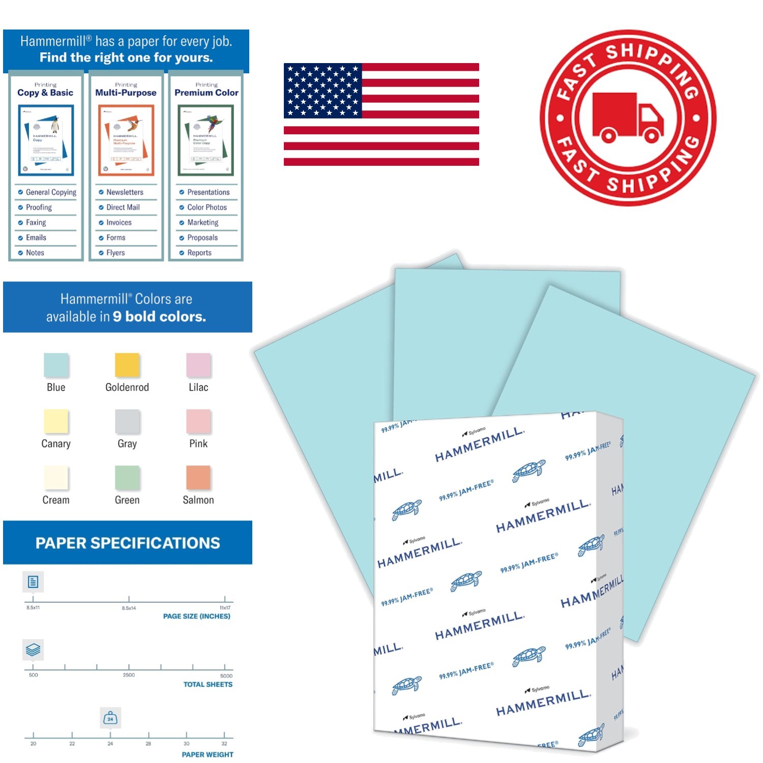 Eco Friendly Blue Printer Paper 24lb 8.5 x 11 Inch 500 Sheets Recycled Fiber