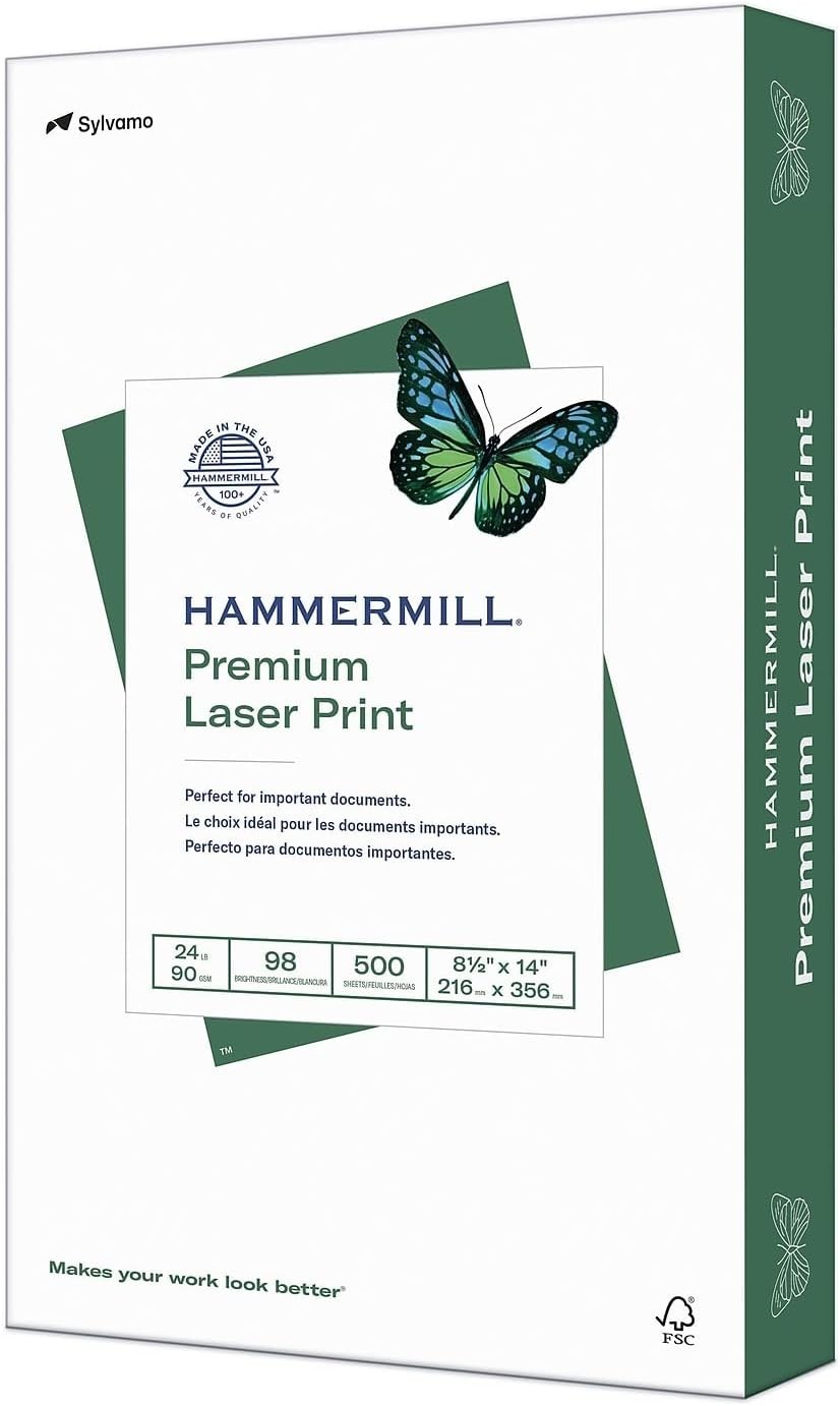 Sustainable 24lb Laser Print Paper – 8.5×14 Legal Size, 500 Sheets, Eco-Friendly