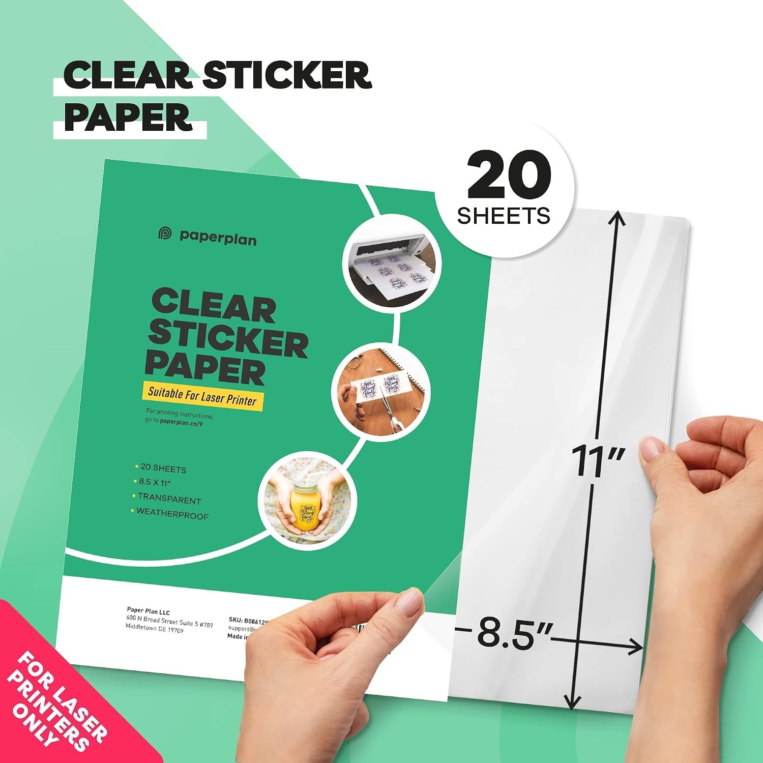Clear Sticker Paper for Laser Printer – 20 Sheets, 8.5 x 11″ Letter Size, Glo…
