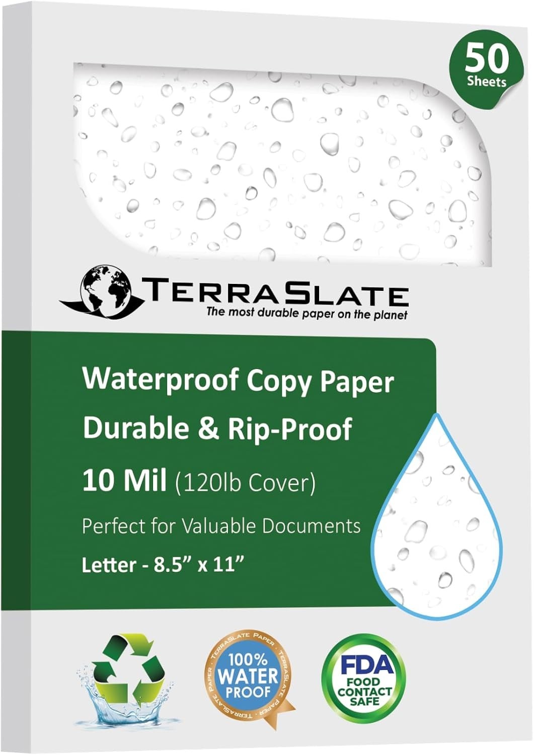 Bright White Waterproof Printer Paper 8.5×11, 50 Sheets, 10 MIL, Versatile Use