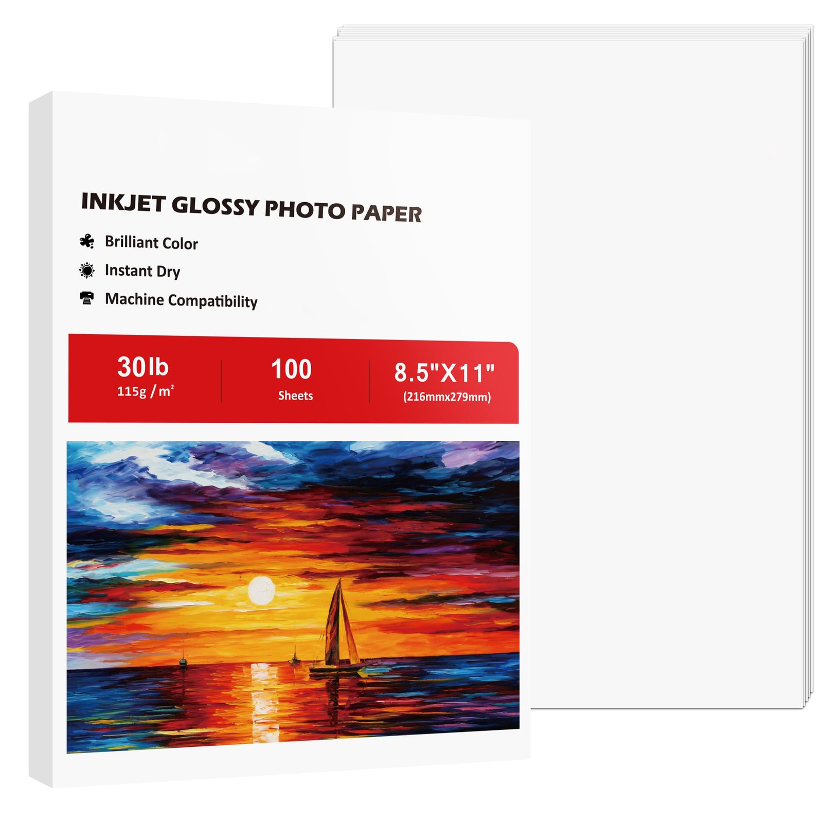 Glossy Photo Paper 8.5×11, 100 Sheets, Dye Ink, 115gsm, White