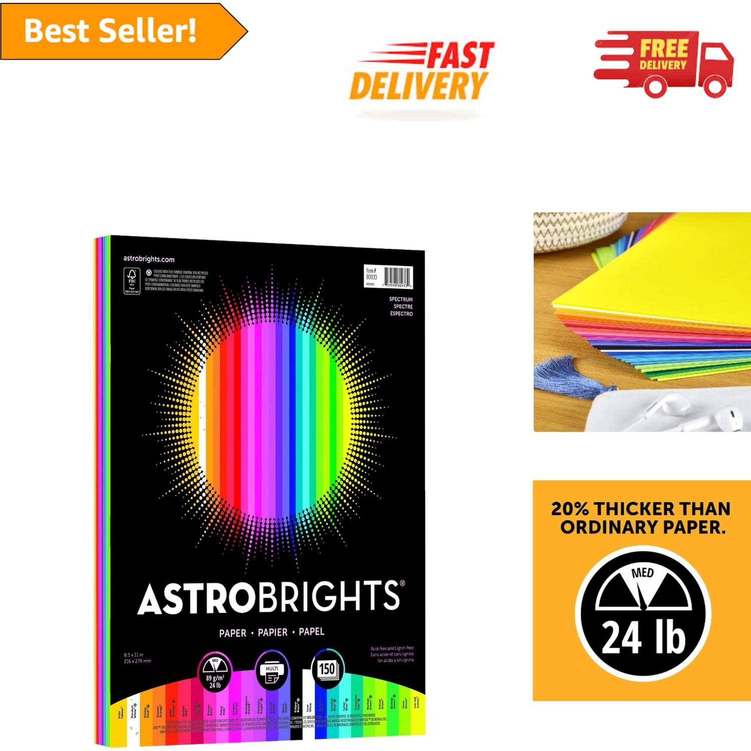 150 Sheets of Astrobrights 24 lb Color Paper, Spectrum 25 Colors, Smooth Finish