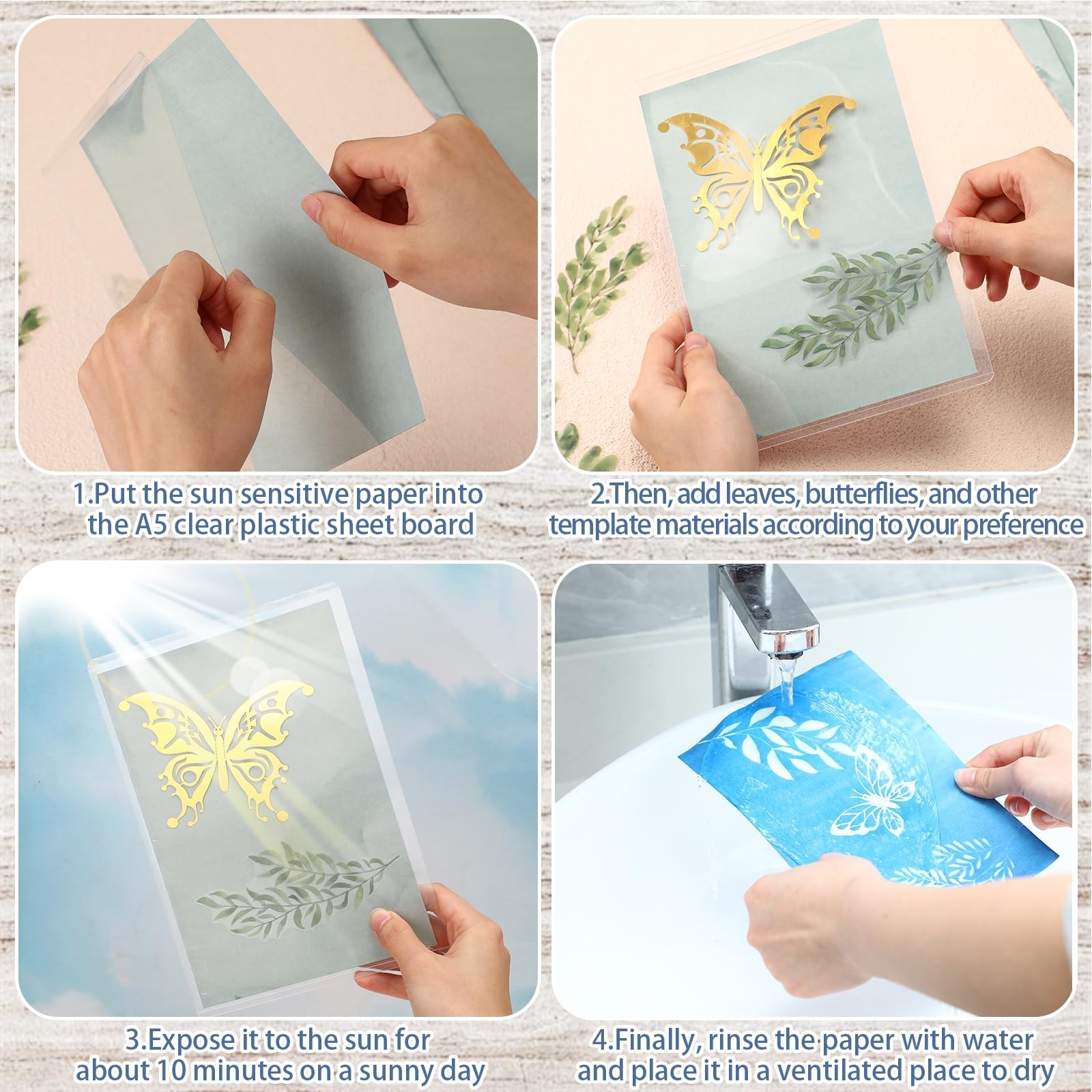 100 Pcs Cyanotype Sun Print Paper Kit with Templates & Plastic Sheets for DIY Cr