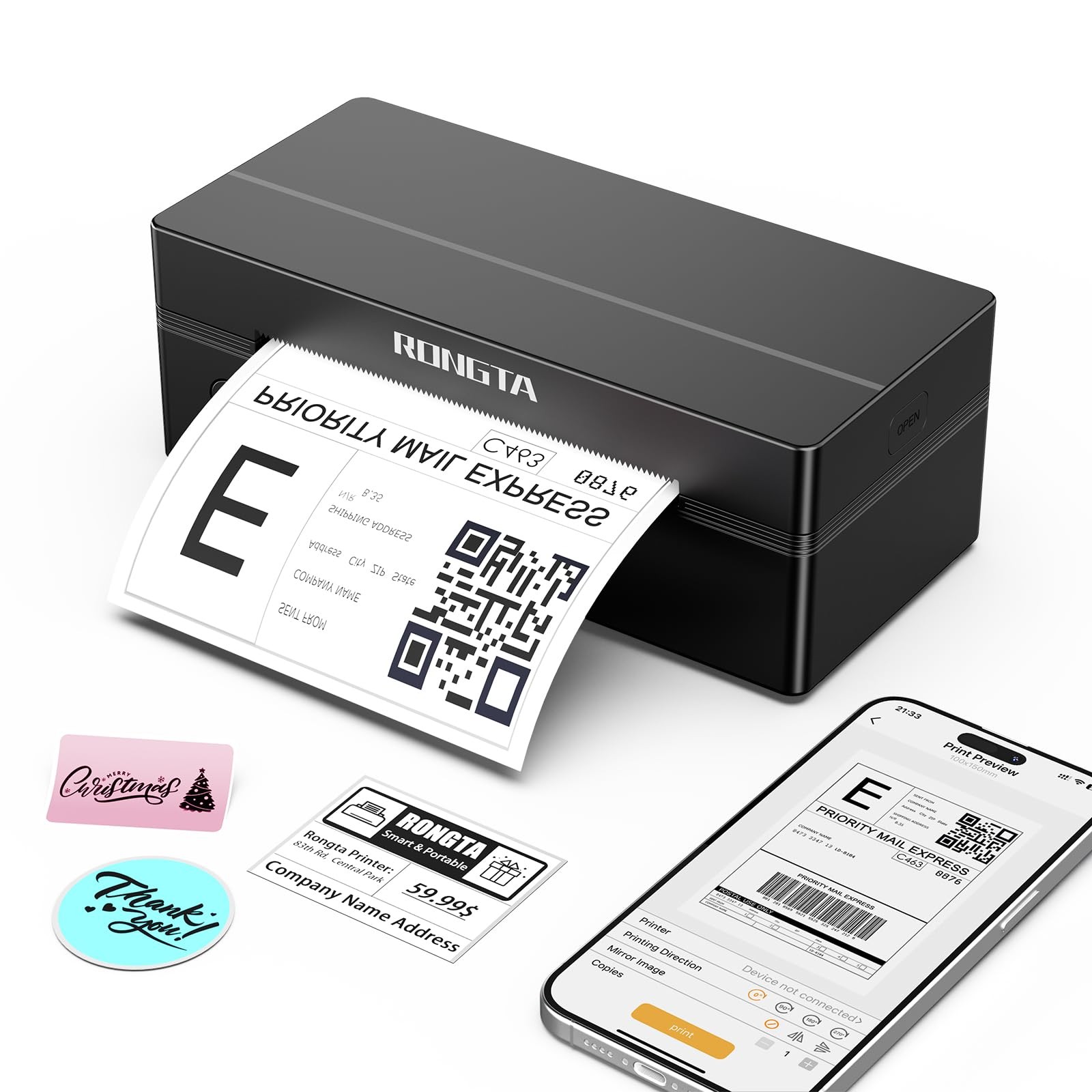 Rongta Bluetooth Thermal Shipping Label Printer, Wireless 4×6 Small, Black