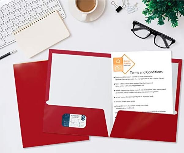 2 Pocket Glossy Laminated RED Paper Folders, Letter Size, Red Paper Portfolios