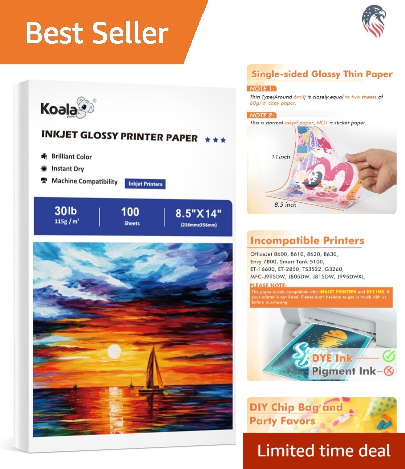 Compatible Inkjet Printer Paper 8.5×14 Inches Glossy 100 Sheets 115gsm