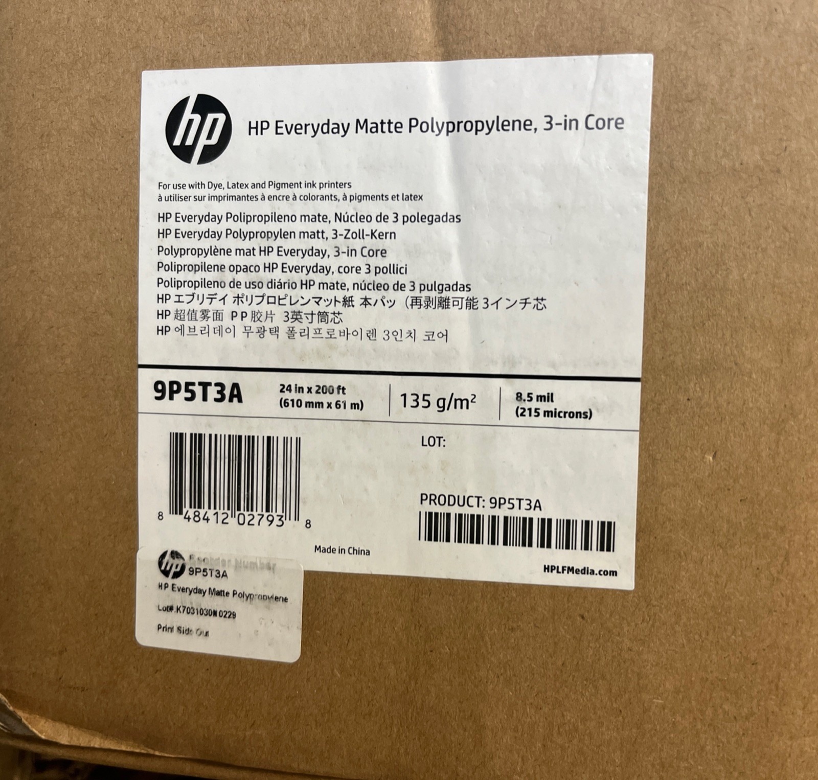 Genuine HP 9P5T3A Everyday Matte Polypropylene 3-in Core – 24”x 200’ Media Latex
