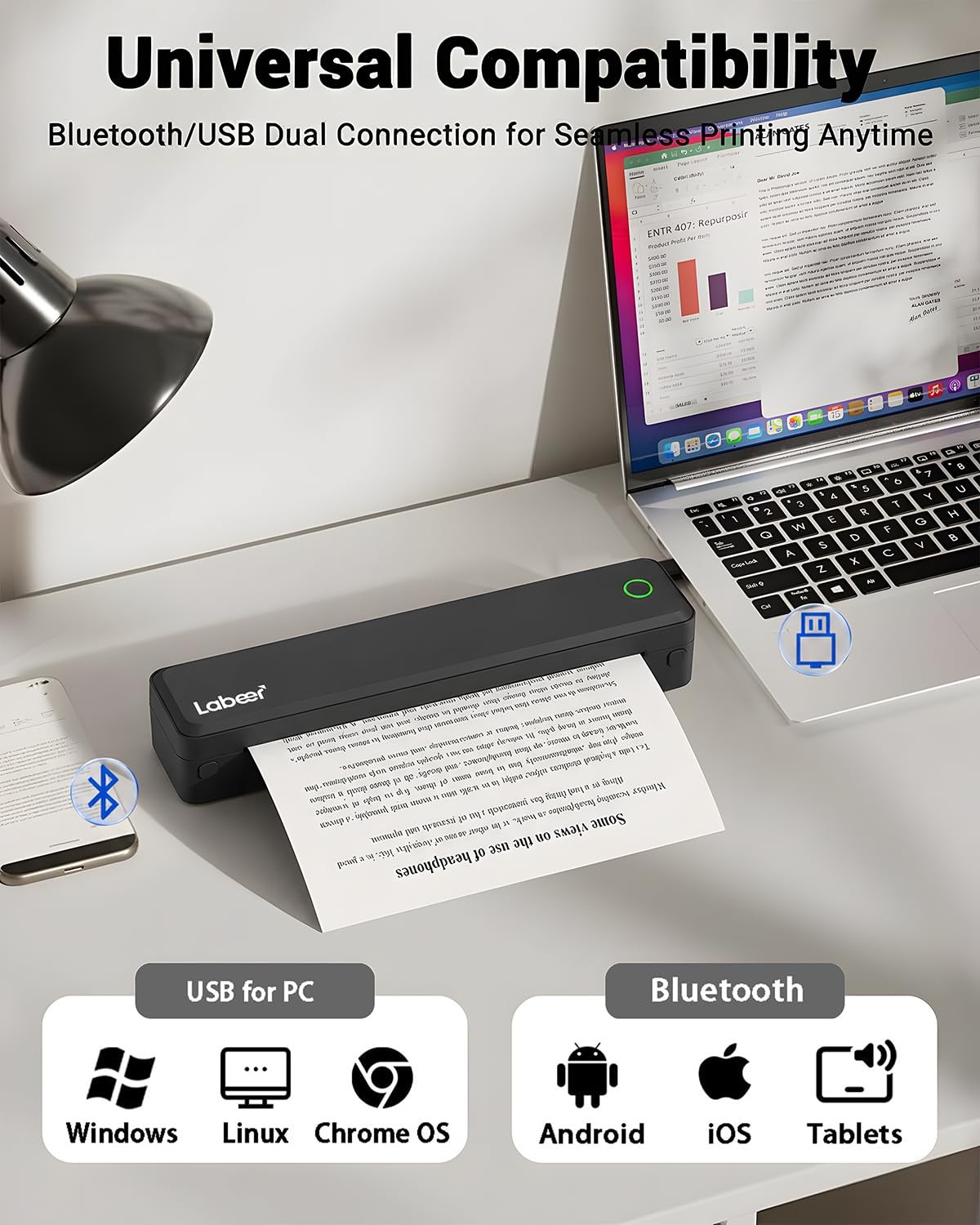 Labeer Portable Printer Wireless for Travel, Bluetooth Inkless Normal, Black