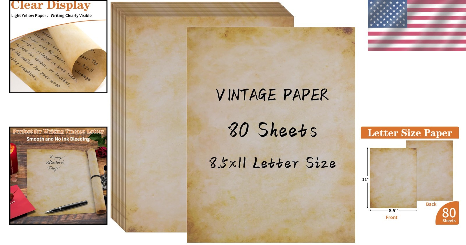 Retro 80 Sheets Aged Parchment Paper – 8.5″ x 11″ for Scrapbooking and Writing