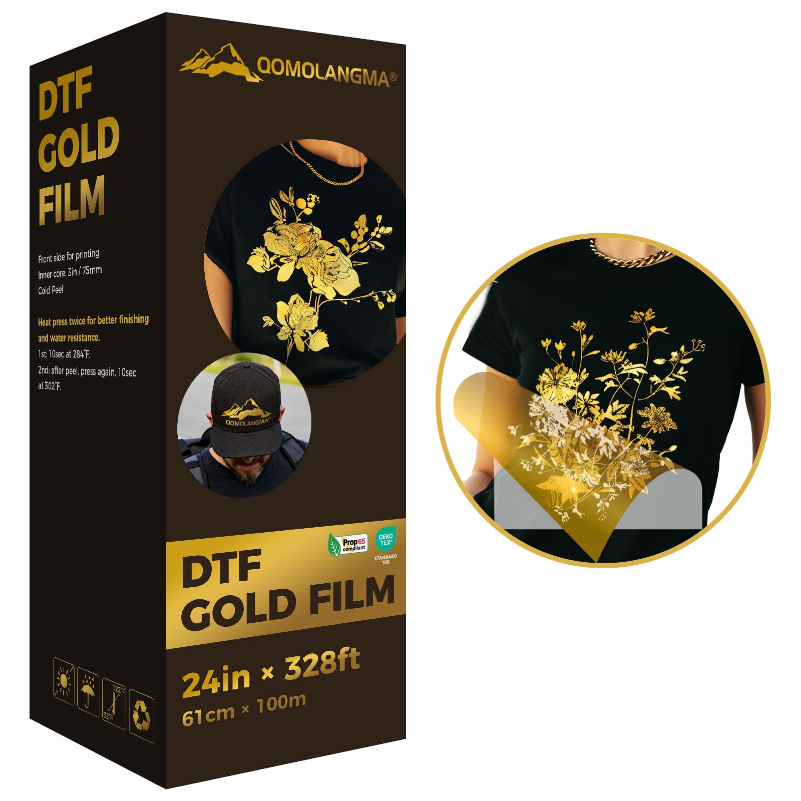 QOMOLANGMA 24in x 328ft DTF Gold/Silver Foil Film Roll Cold Peel US Stock