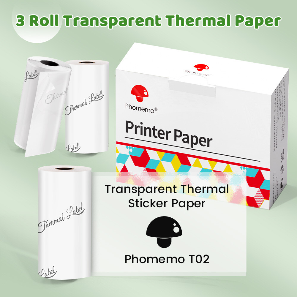 53mm Transparent Printer Paper Adhesive Sticker 3 Rolls for Phomemo T02 M02 M03