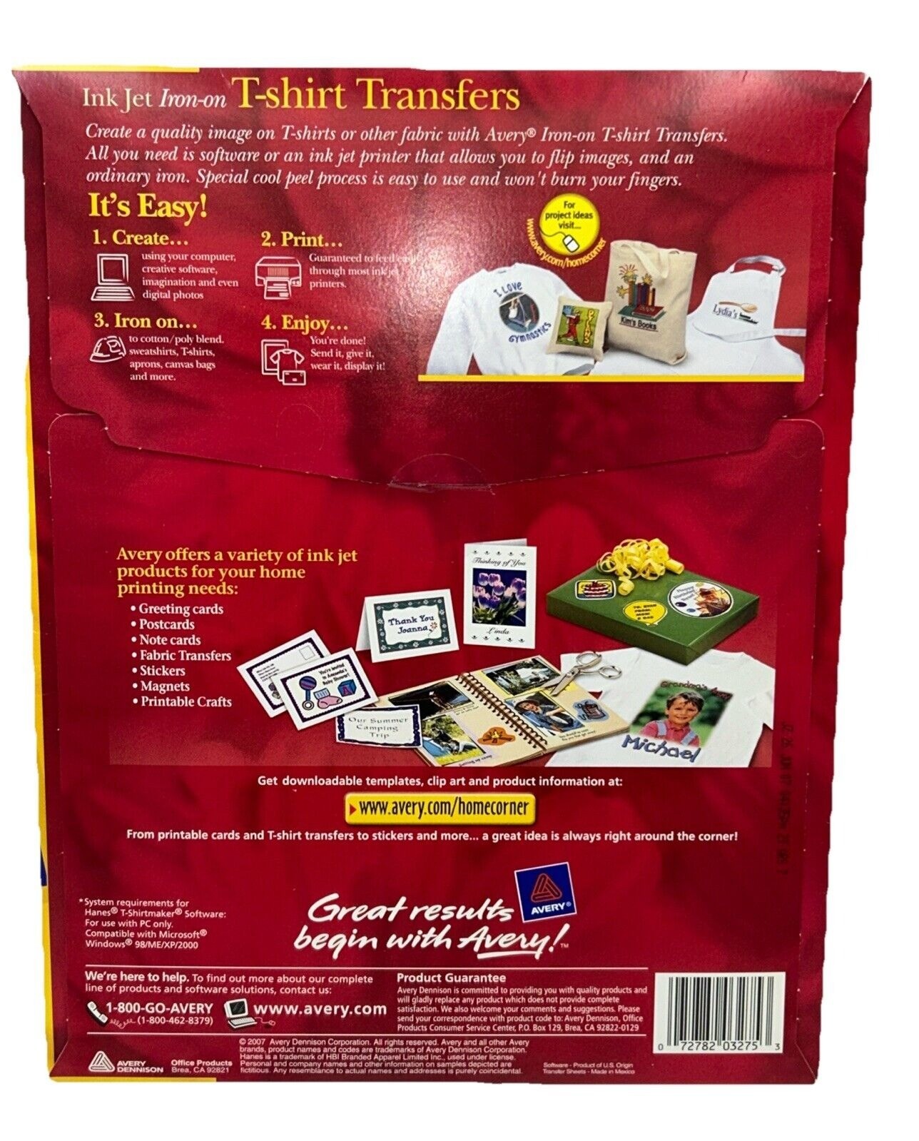 Avery Transfers T-shirt Iron-On Inkjet Printer 3275 8.5″ x 11″ Tee 12 Sheets NEW
