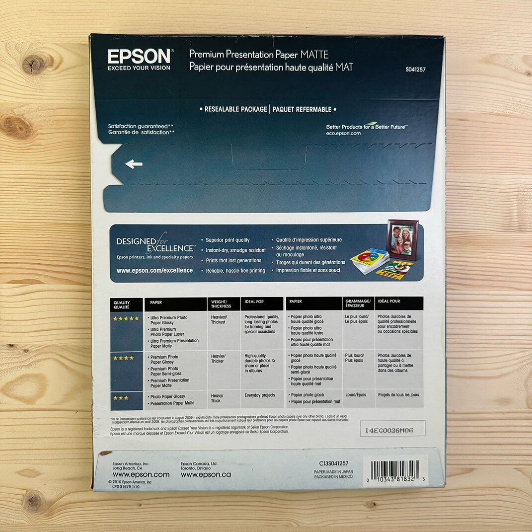 Epson Premium Matte Ink Jet Paper – 50 Sheets 8.5×11 Letter – White Photo Print