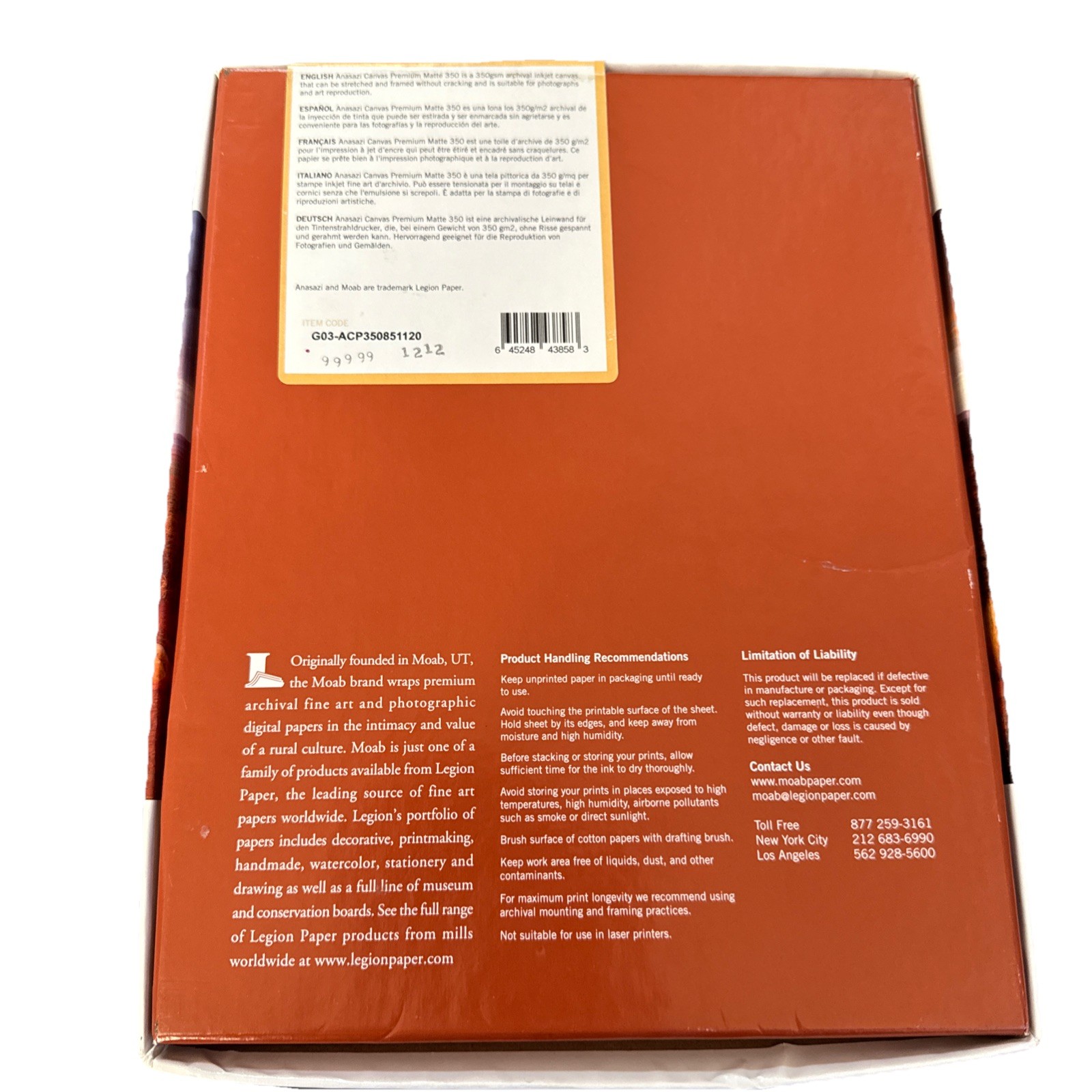 Moab ANASAZI Canvas Matte 1 Side Inkjet Paper 350 Wt 19 Sheets 8.5×11” Archival