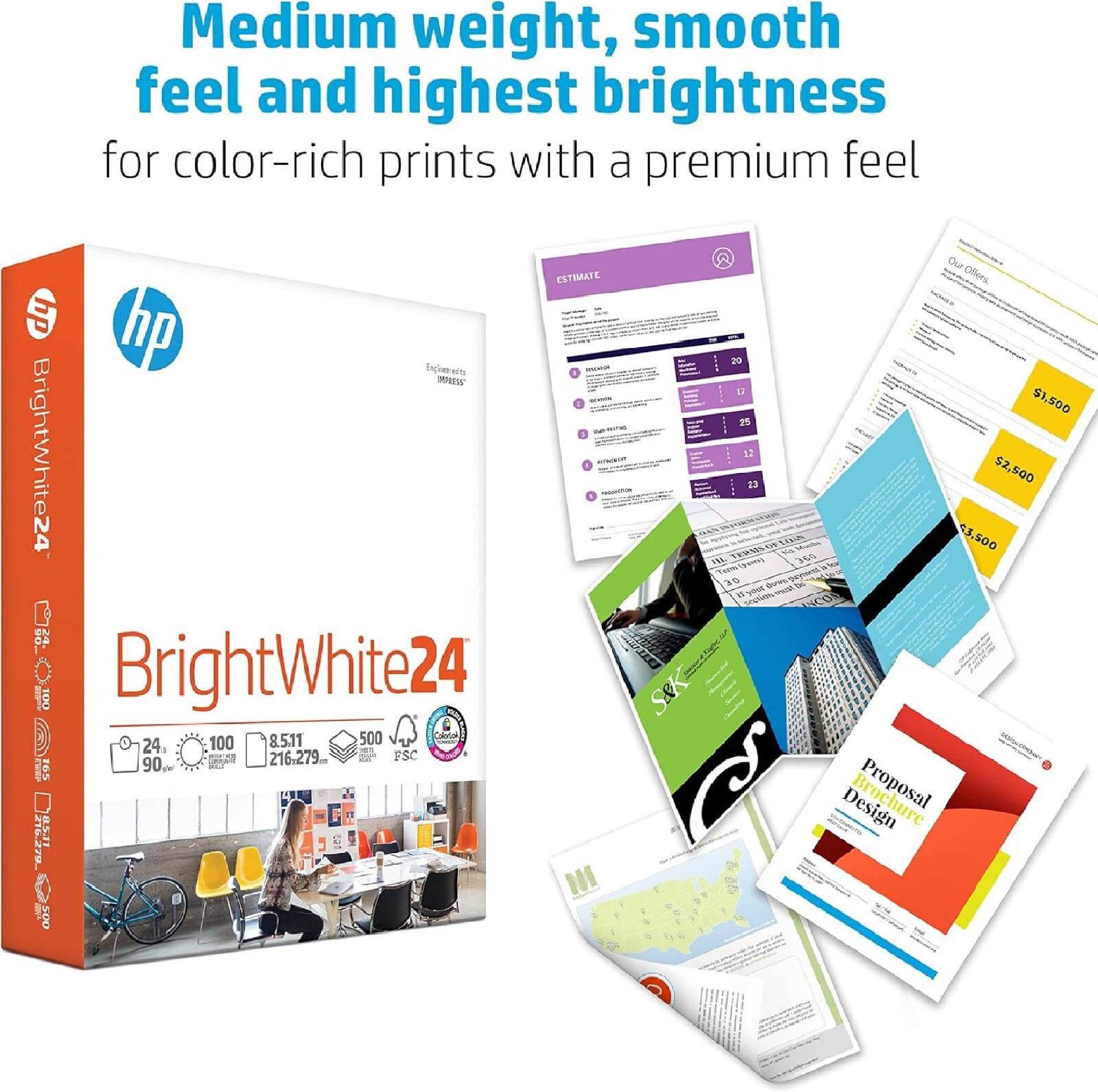 HP BrightWhite24 8.5″ x 11″ Inkjet Paper 24 lbs. 100 Brightness 500 Sheets/Ream