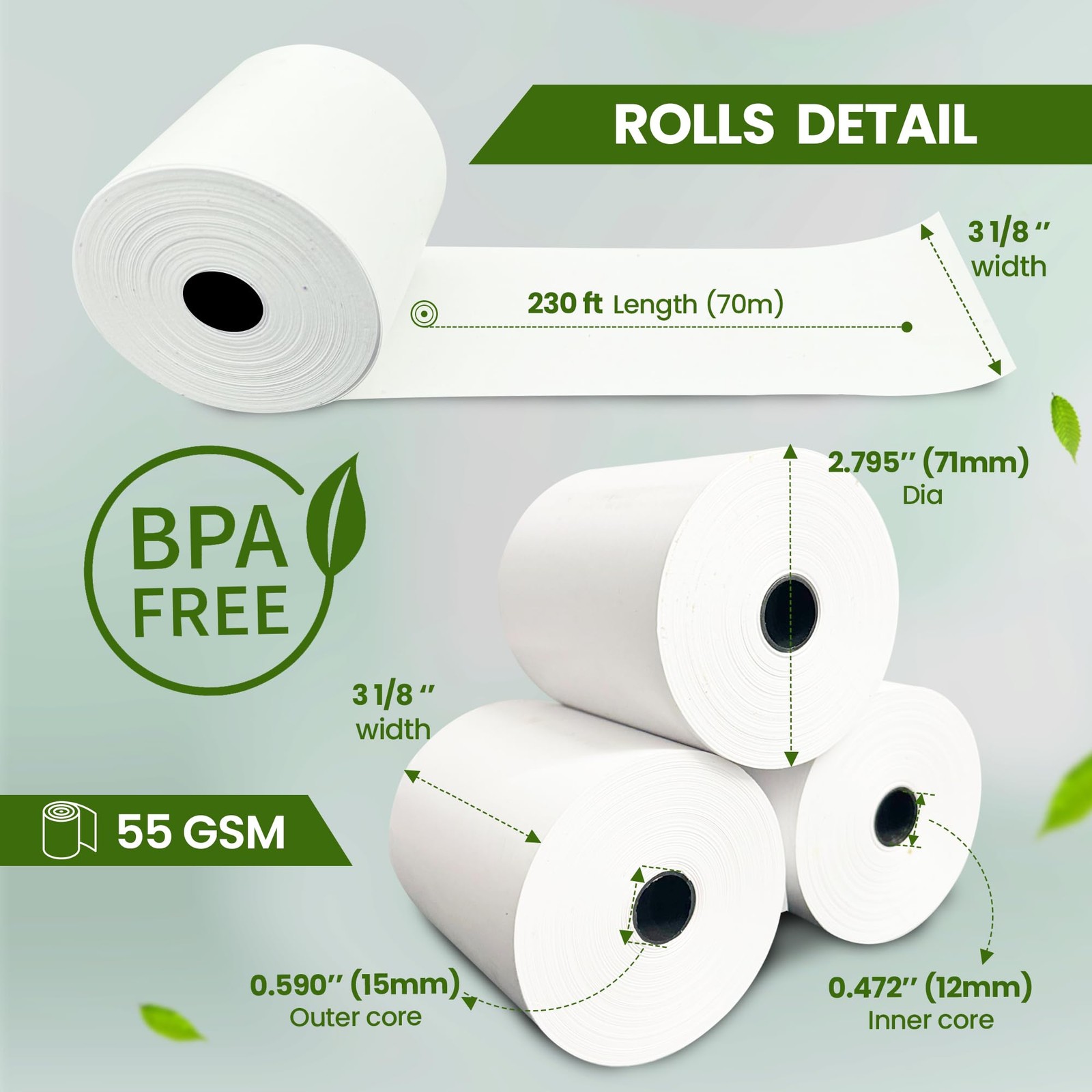 3 1/8 x 230ft Thermal Paper Receipt 3 1/8″ x 230′ Thermal-30 Rolls, White