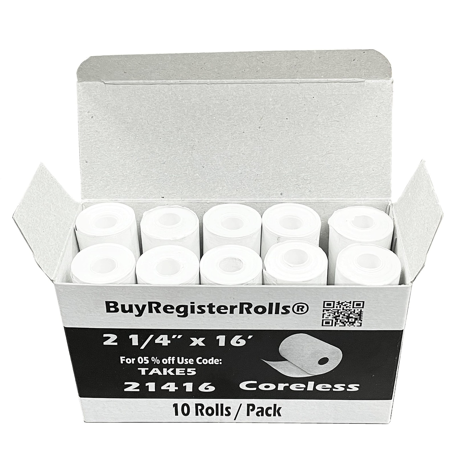 (10 Rolls) 2 1/4 x 16 Thermal Paper Rolls Coreless 2.25 (57mm) x 16 ft White