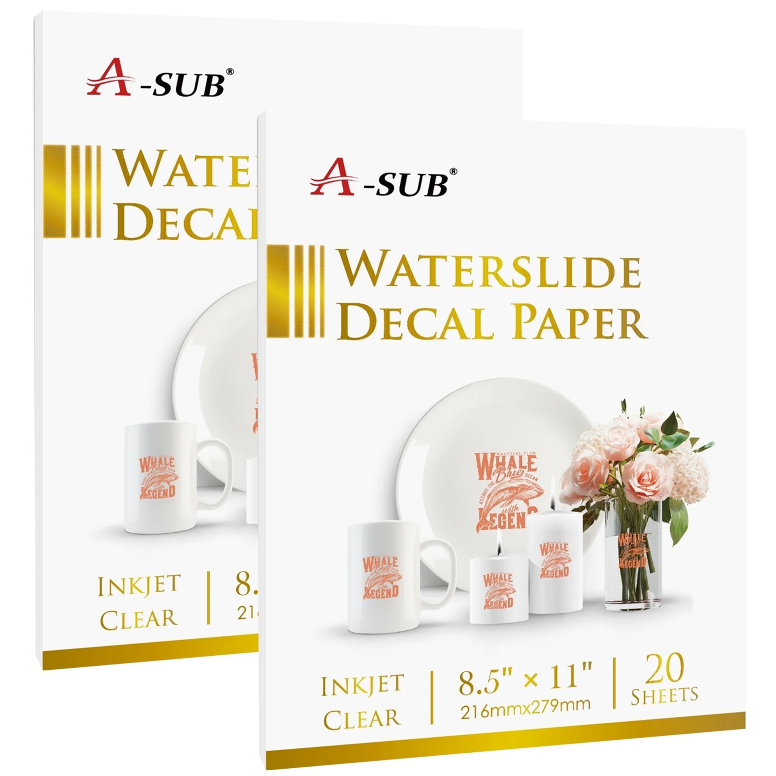 A-SUB Waterslide Decal Paper Inkjet Clear 8.5×11 Water Slide Transfer 40 Sheets