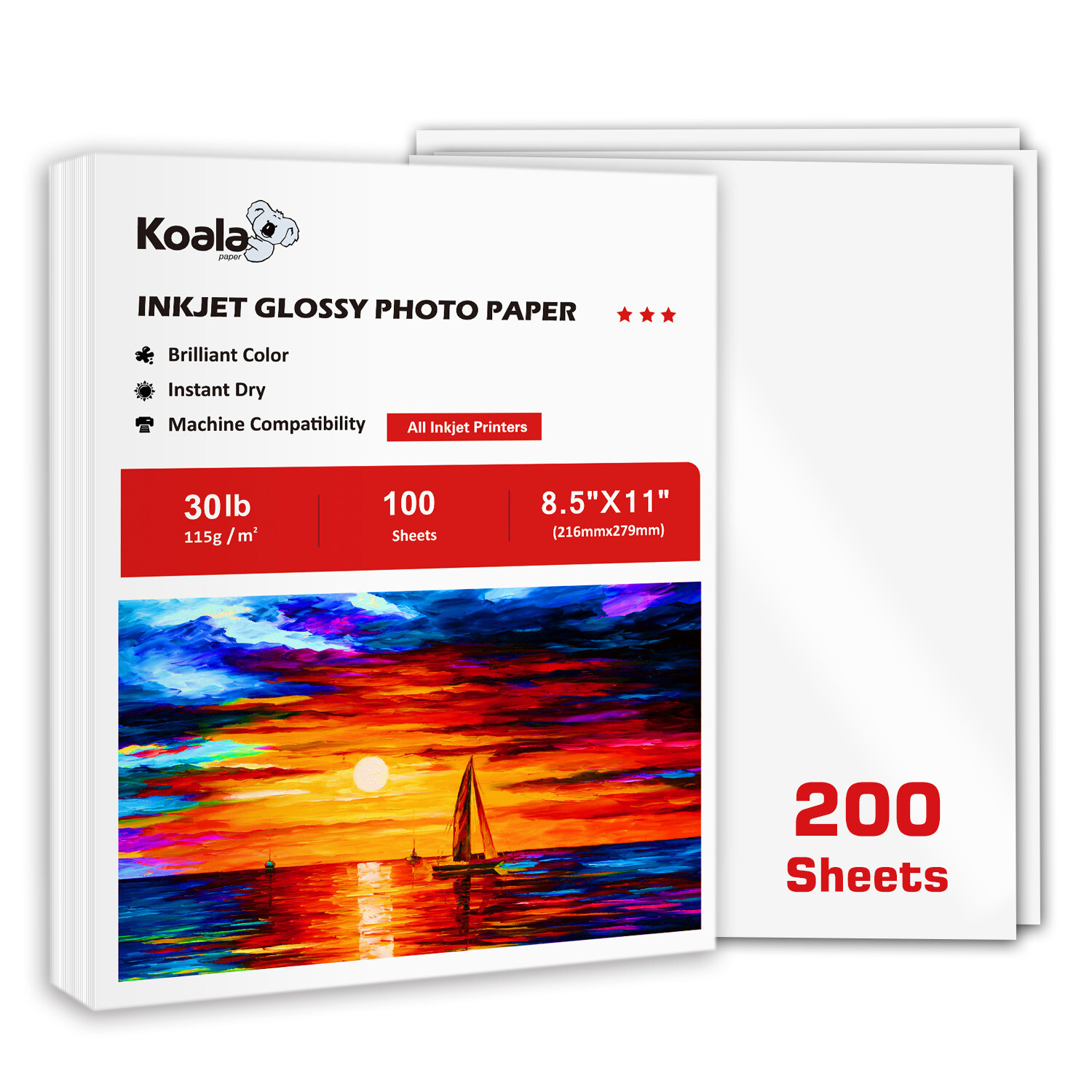 200 Sheets Koala Glossy Inkjet Printer Paper 8.5×11 30lb 115g Thin for Chip Bags
