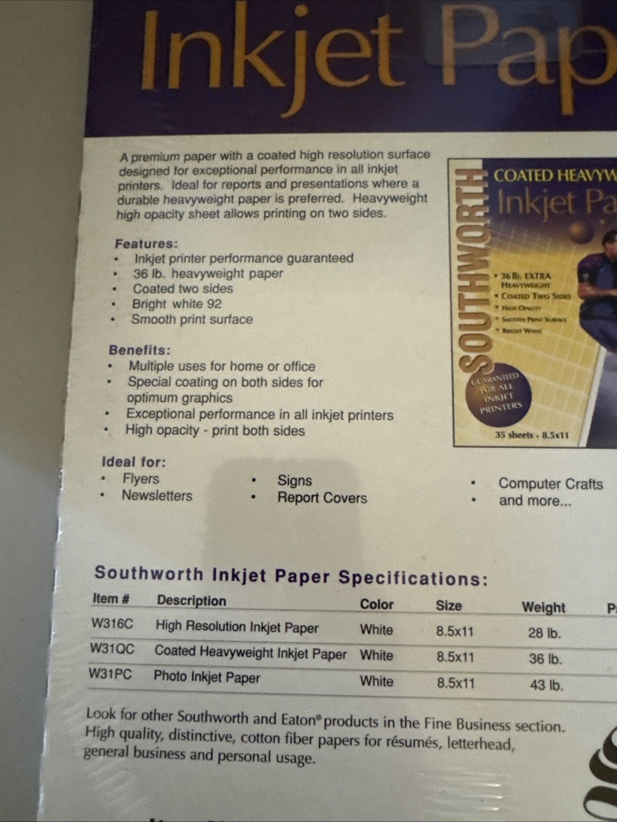 Southworth Coated Heavyweight 36 lb Inkjet Copy Paper Bright White 92 W31QC USA