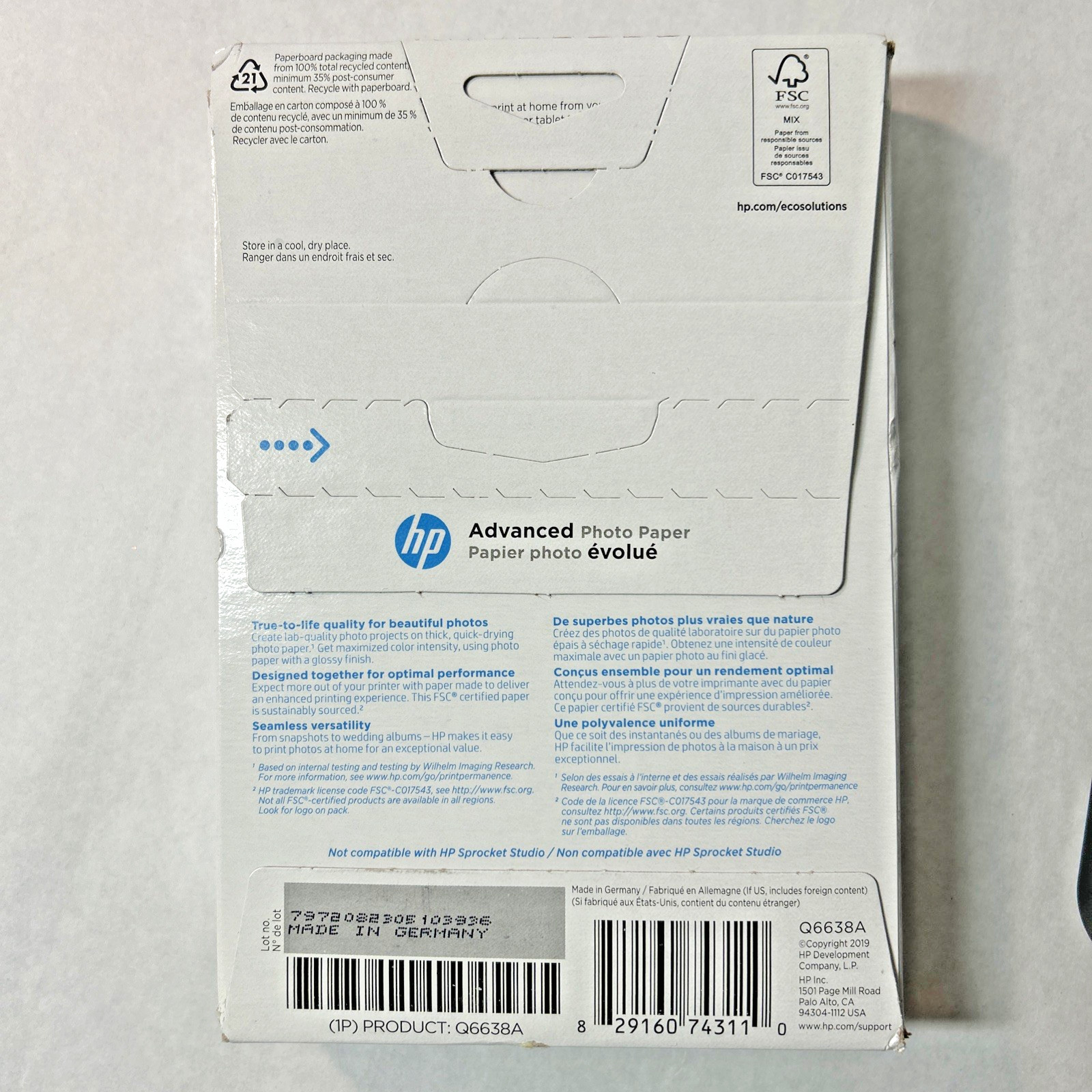 HP Advanced Photo Paper Glossy -100 Sheets 4″ x 6 ” – Q6638A Pkg Never Opened