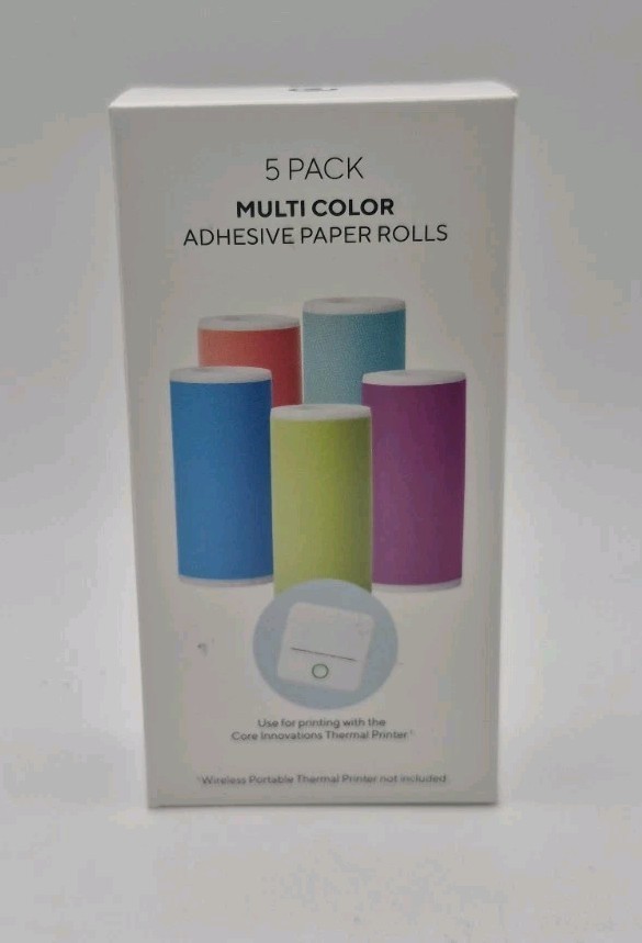 Core Innovations 5 Pack Multi Color Adhesive Thermal Paper Rolls
