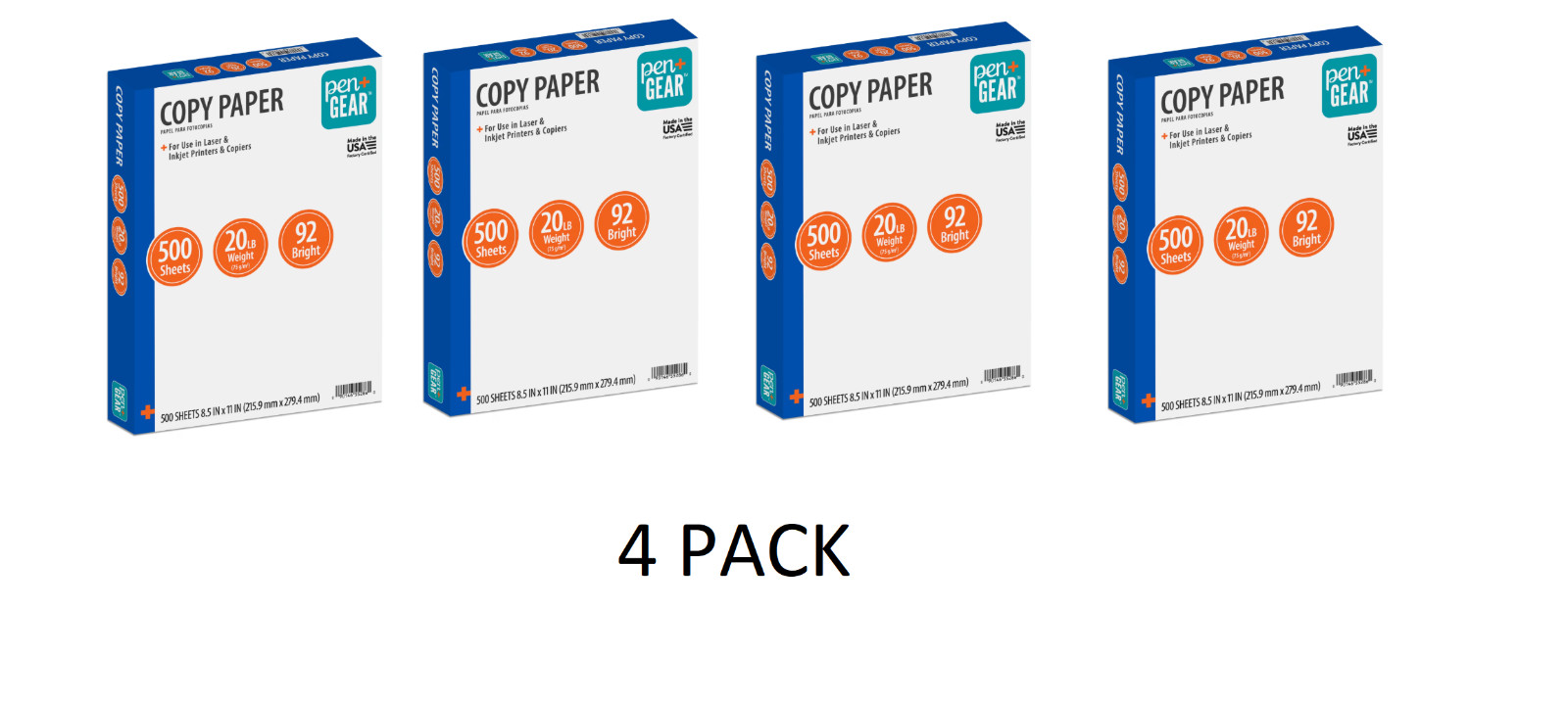 4 PACK Pen+Gear Copy Paper, 8.5″ x 11″, 20 lb, White, 500 Sheets